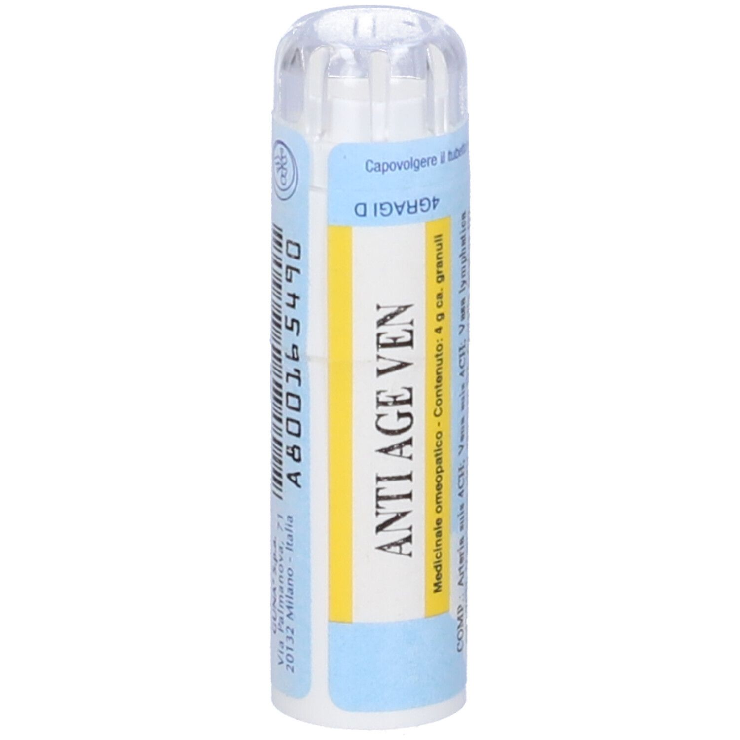 Contenitore cilindrico. Scritta: ANTI AGE VEN. Granuli omeopatici. Contenuto: 4 g.