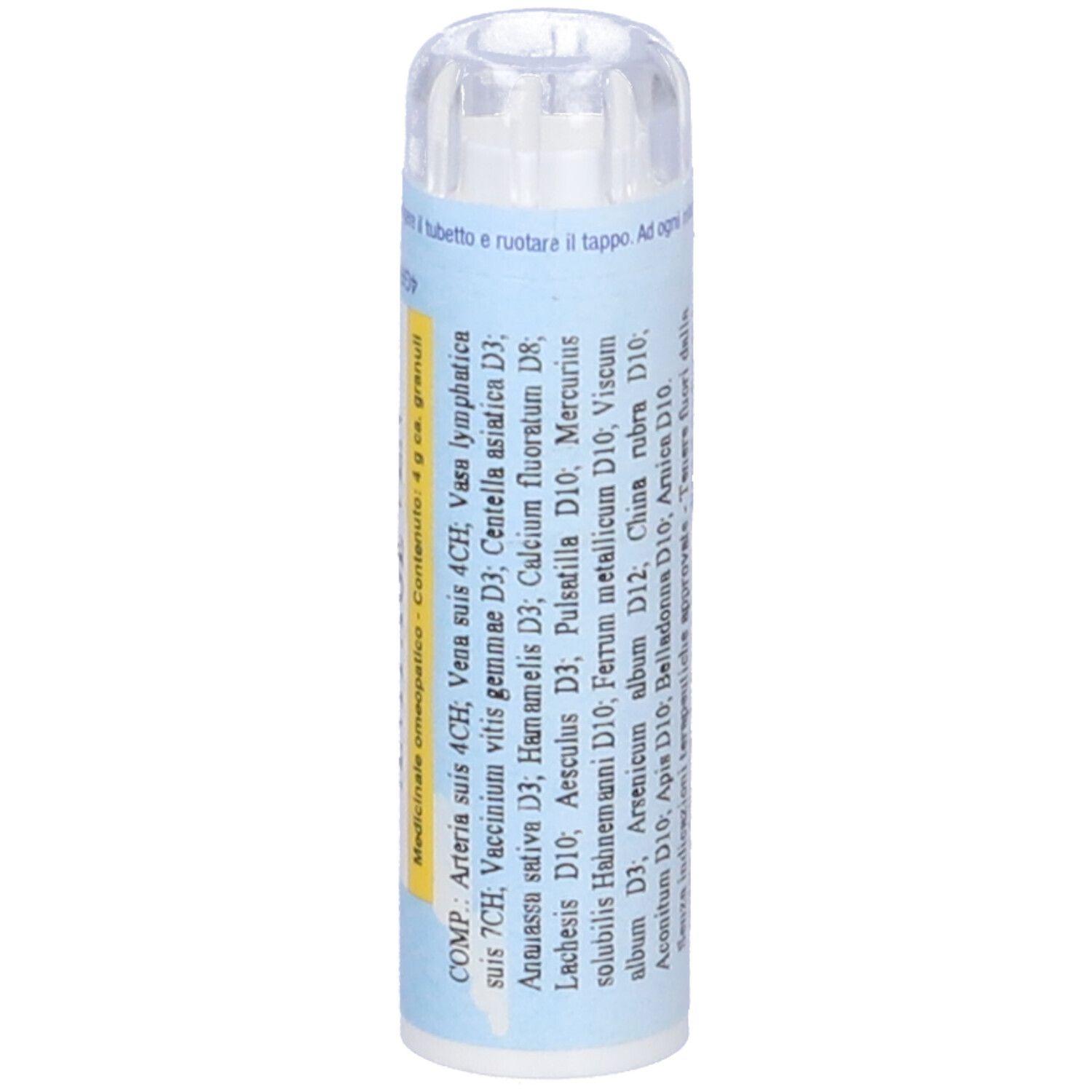 Contenitore cilindrico. Scritta: ANTI AGE VEN. Granuli omeopatici. Contenuto: 4 g.
