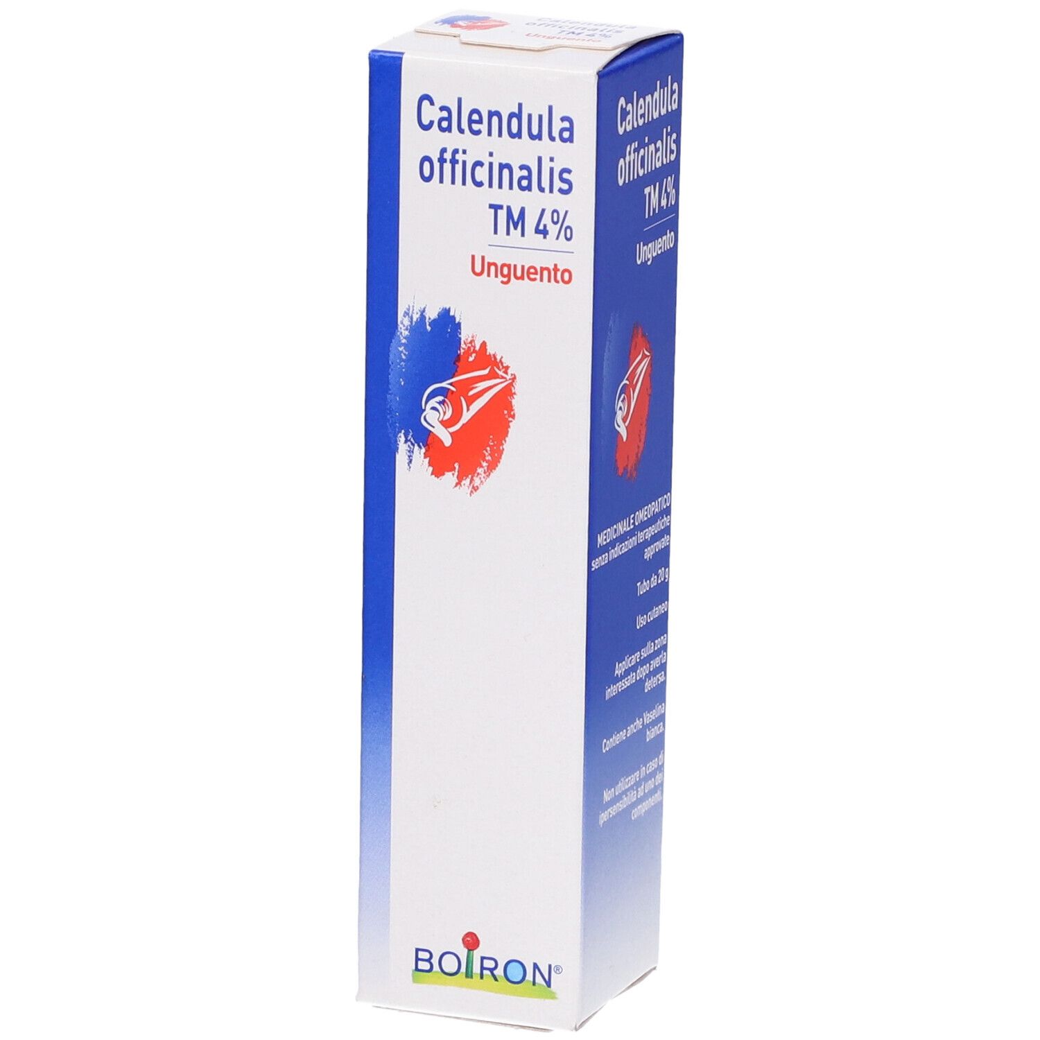 Scatola con nome del prodotto e logo. Grafica blu e rossa. Testo: Calendula officinalis TM 4% Unguento. Marchio BOIRON.