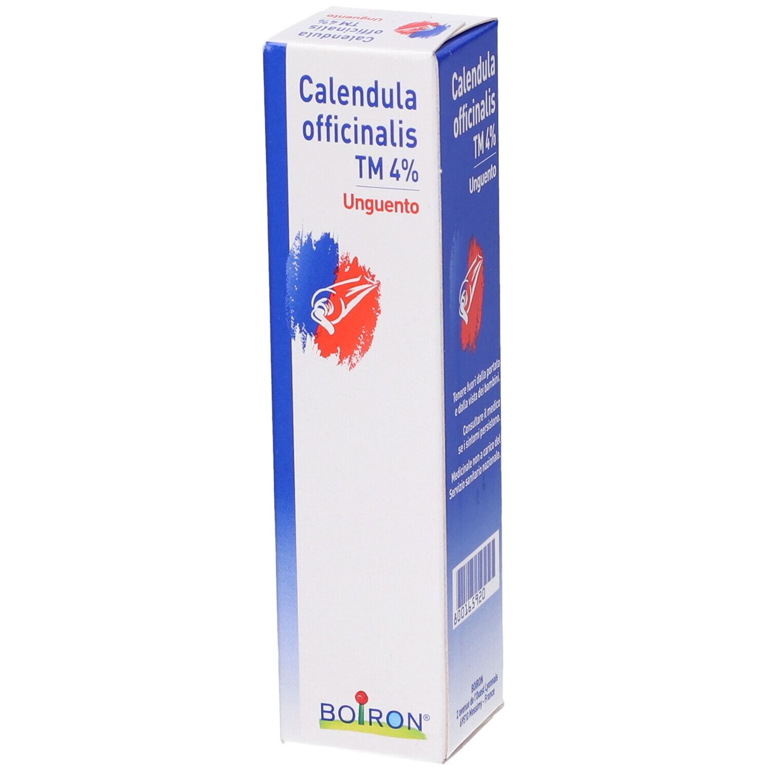 Scatola con nome del prodotto e logo. Grafica blu e rossa. Testo: Calendula officinalis TM 4% Unguento. Marchio BOIRON. Codice a barre.
