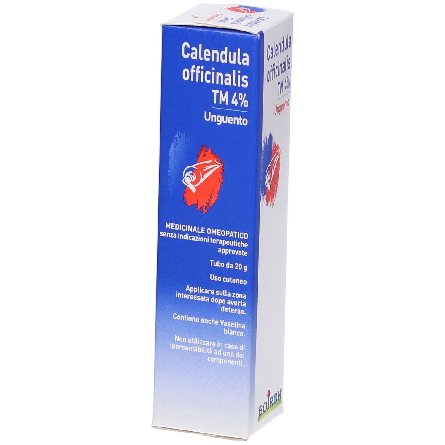 Scatola con nome del prodotto e logo. Grafica blu e rossa. Testo: Calendula officinalis TM 4% Unguento. Marchio BOIRON. Tubo 20 g.