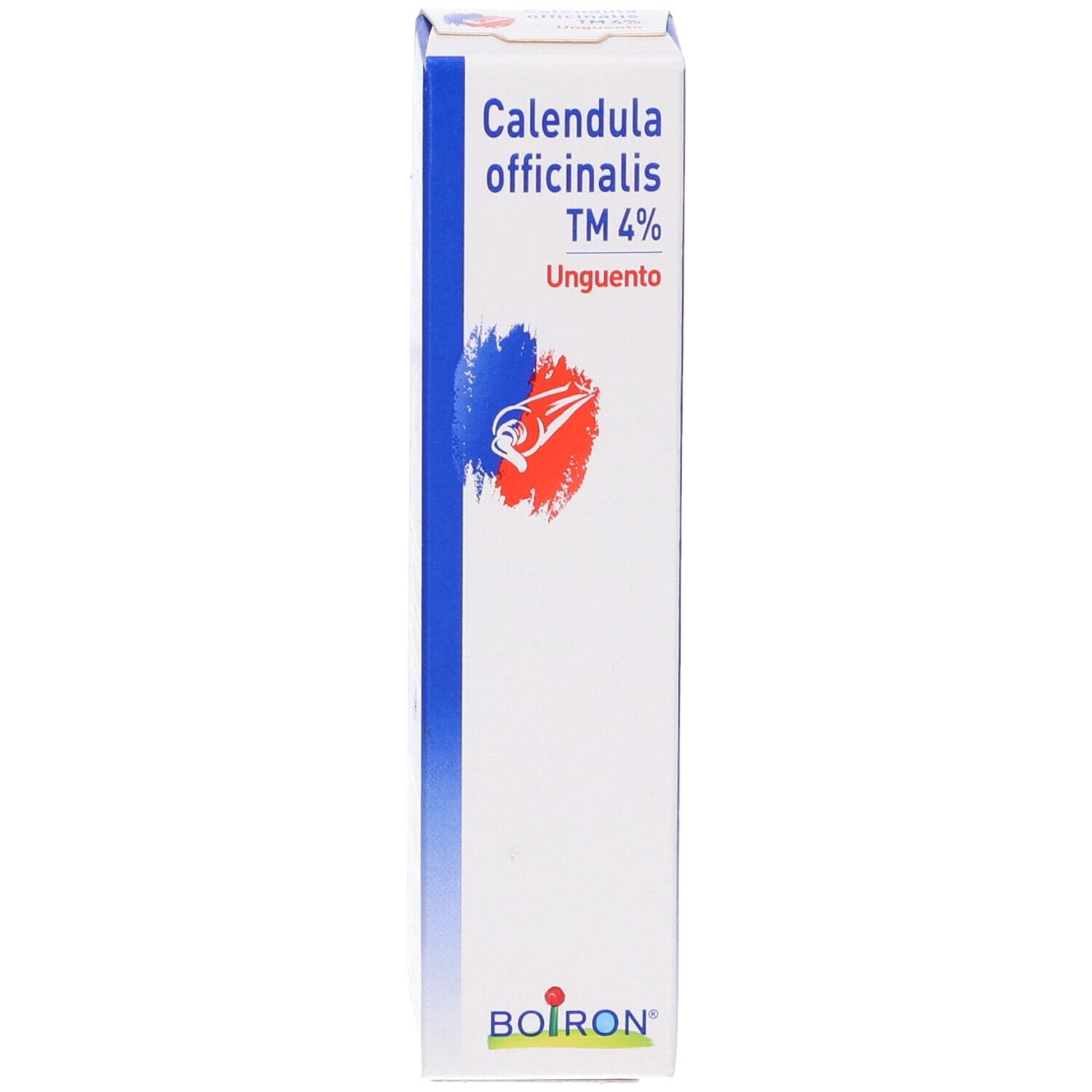 Scatola con nome del prodotto e logo. Grafica blu e rossa. Testo: Calendula officinalis TM 4% Unguento. Marchio BOIRON.