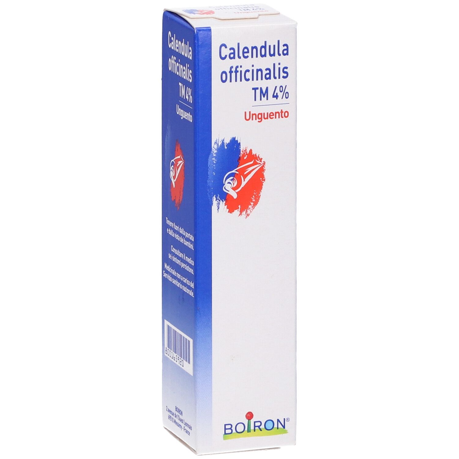 Scatola con nome del prodotto e logo. Grafica blu e rossa. Testo: Calendula officinalis TM 4% Unguento. Marchio BOIRON.