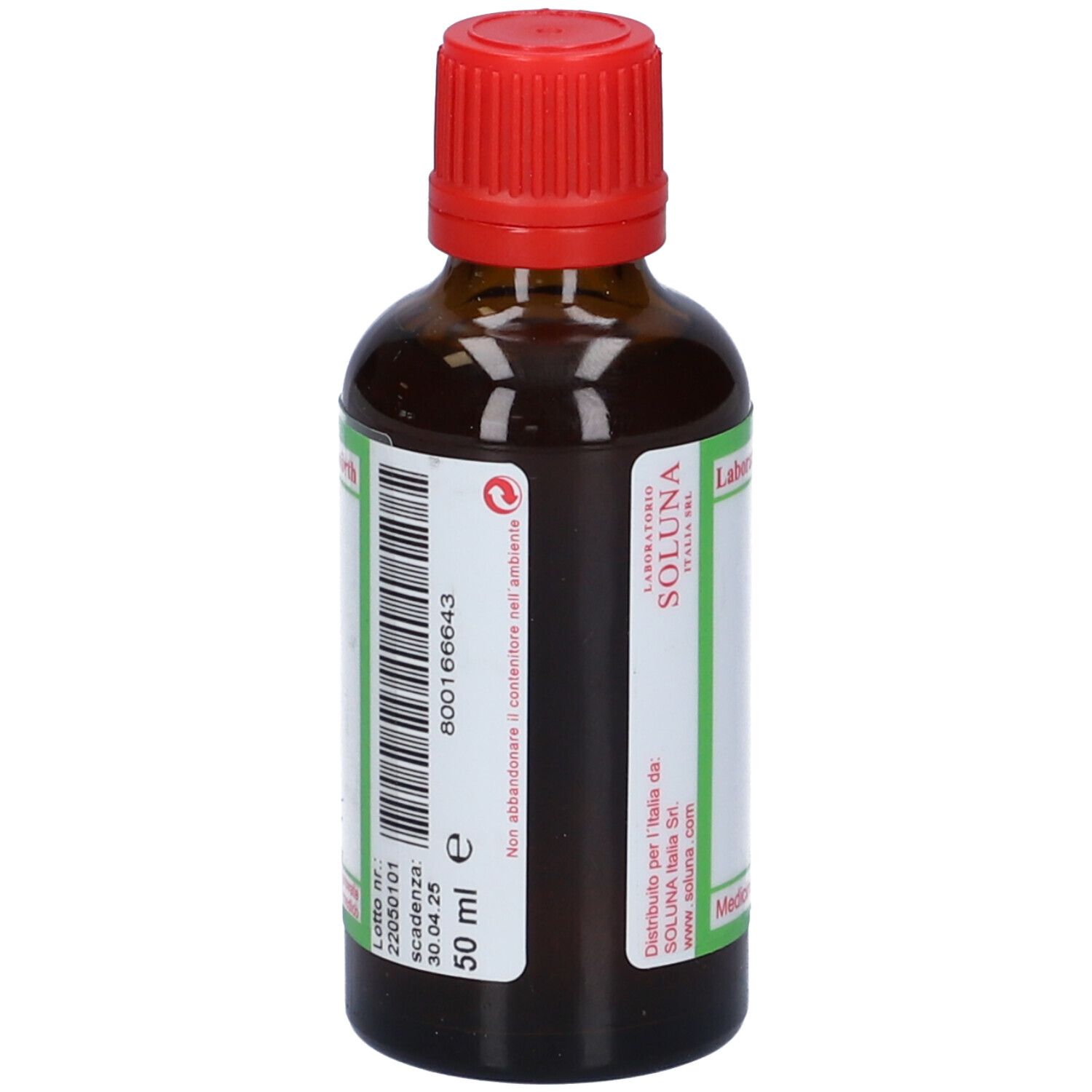 Flacone di vetro marrone con tappo rosso. Etichetta con SOLUNAT Nr. 1, 50 ml. Scritte verdi e bianche. Numero di lotto e data di scadenza.