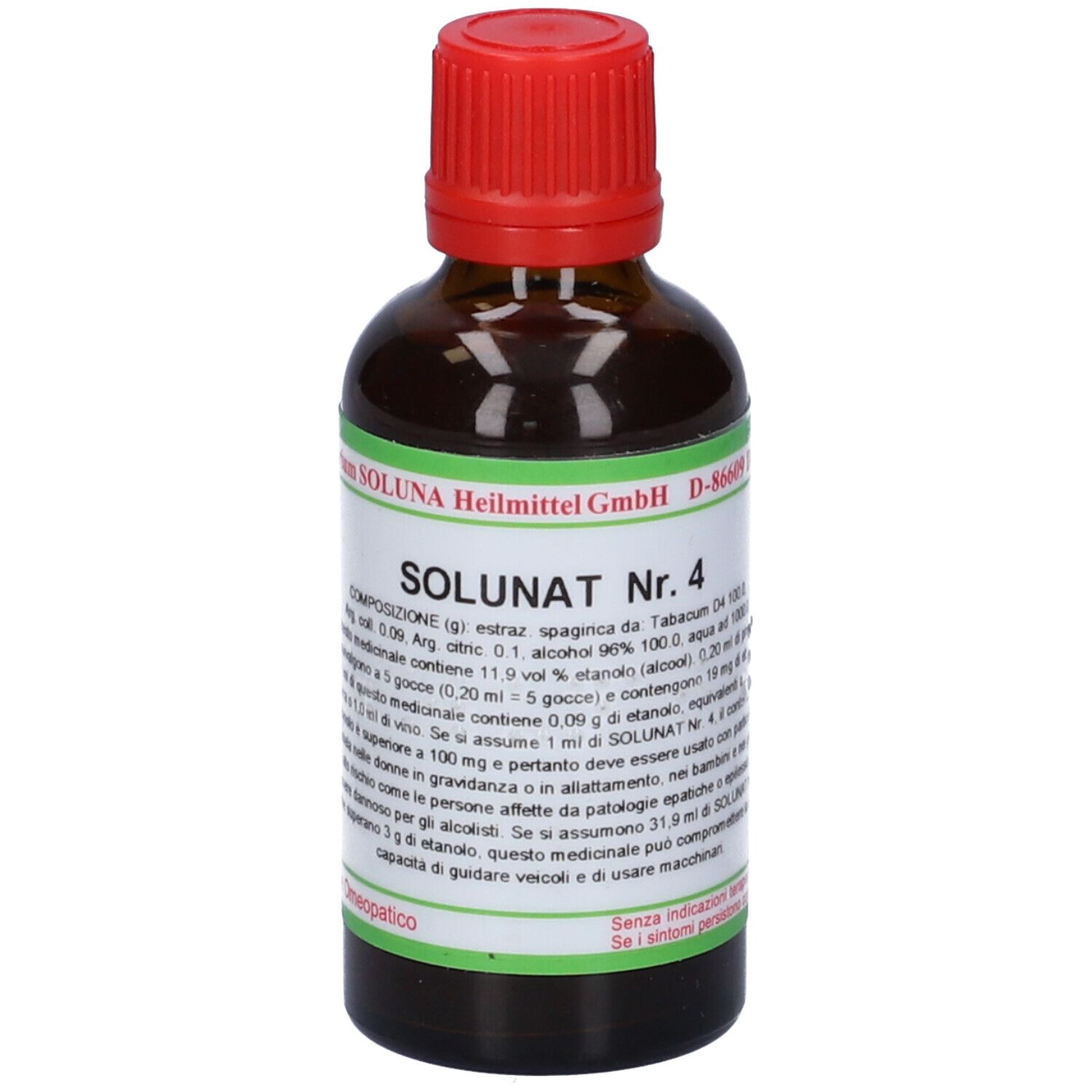 Flacone di vetro marrone con tappo rosso. Etichetta con testo e dettagli verdi. Scritta: SOLUNAT Nr. 4. Flacone farmaceutico.