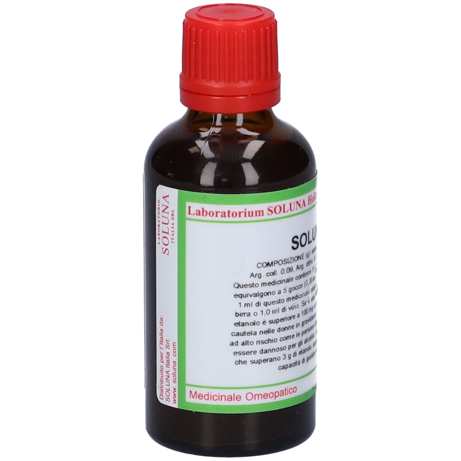 Flacone di vetro marrone con tappo rosso. Etichetta con testo e dettagli verdi. Scritta: SOLUNAT Nr. 4. Flacone farmaceutico.
