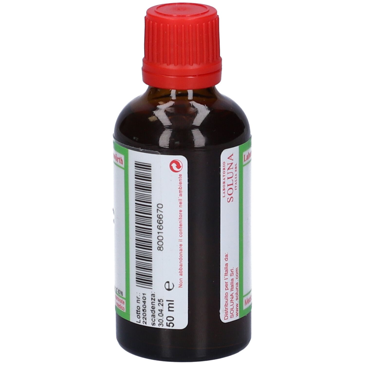 Flacone di vetro marrone con tappo rosso. Etichetta con testo e dettagli verdi. Scritta: SOLUNAT Nr. 4. Flacone farmaceutico.