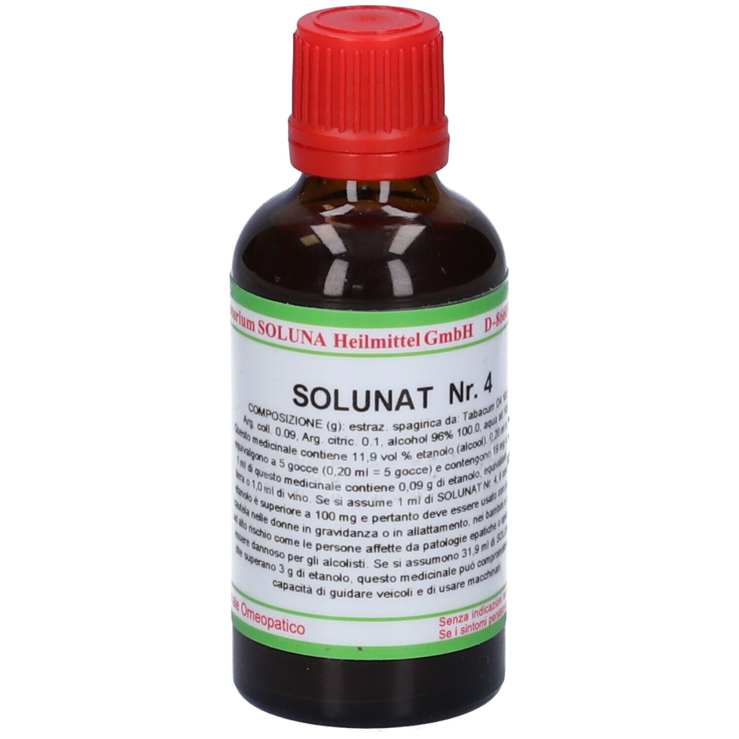 Flacone di vetro marrone con tappo rosso. Etichetta con testo e dettagli verdi. Scritta: SOLUNAT Nr. 4. Flacone farmaceutico.