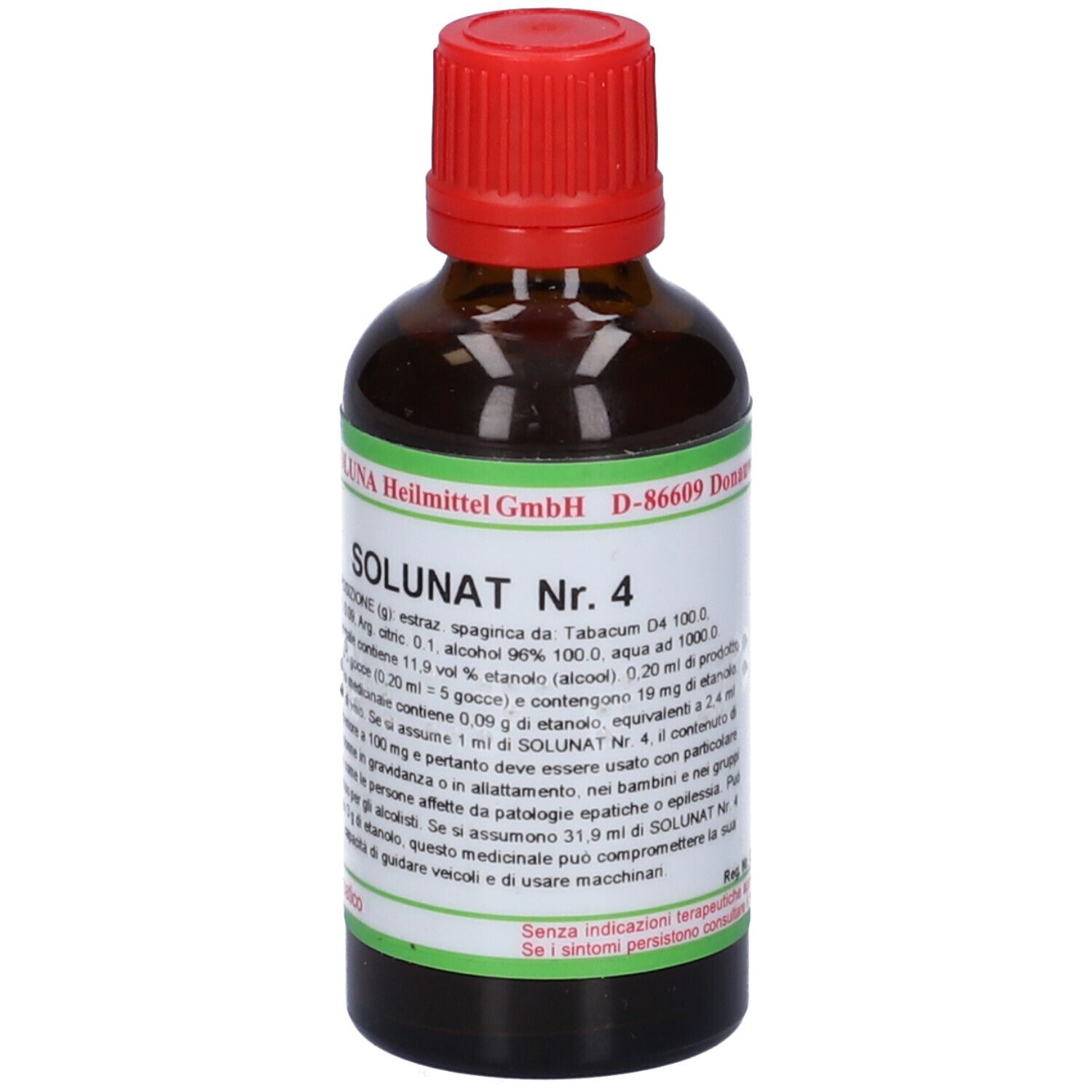 Flacone di vetro marrone con tappo rosso. Etichetta con testo e dettagli verdi. Scritta: SOLUNAT Nr. 4. Flacone farmaceutico.