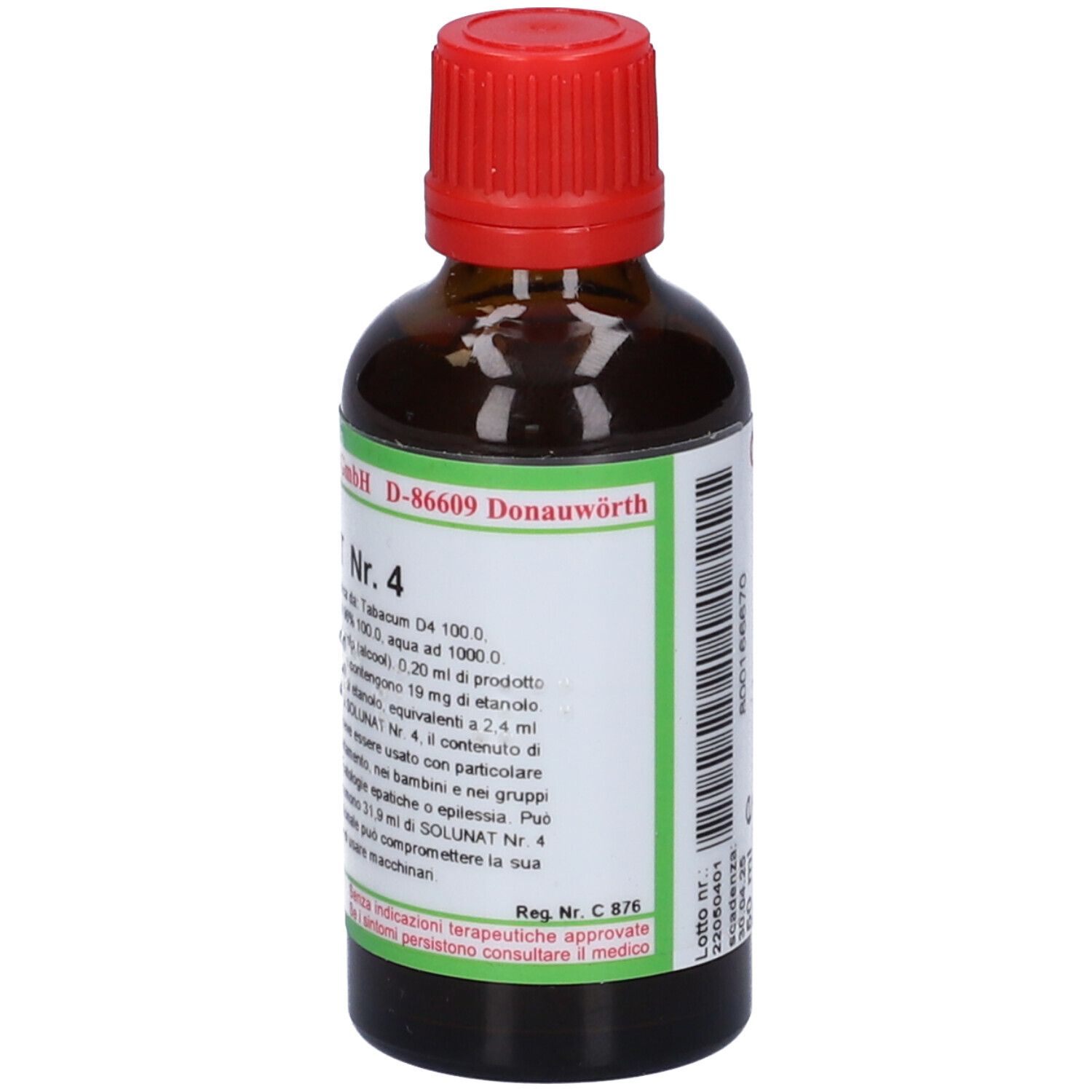 Flacone di vetro marrone con tappo rosso. Etichetta con testo e dettagli verdi. Scritta: SOLUNAT Nr. 4. Flacone farmaceutico.