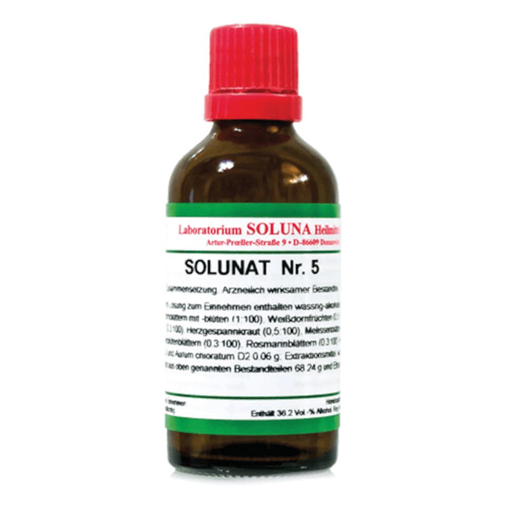 Flacone di vetro marrone con tappo rosso. Scritta: SOLUNAT Nr. 5. Etichetta verde con testo.