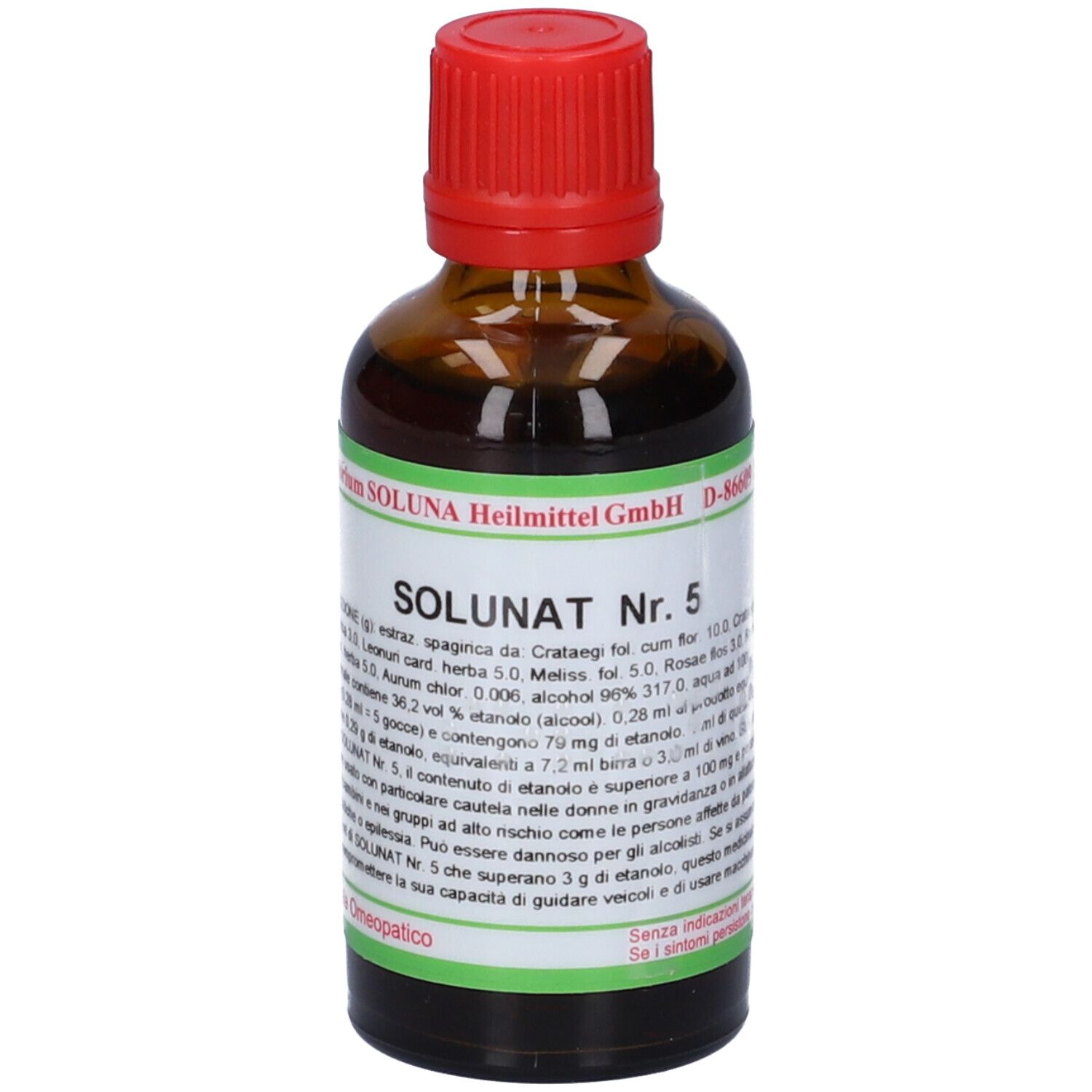 Flacone di vetro marrone con tappo rosso. Scritta: SOLUNAT Nr. 5. Etichetta verde con testo.