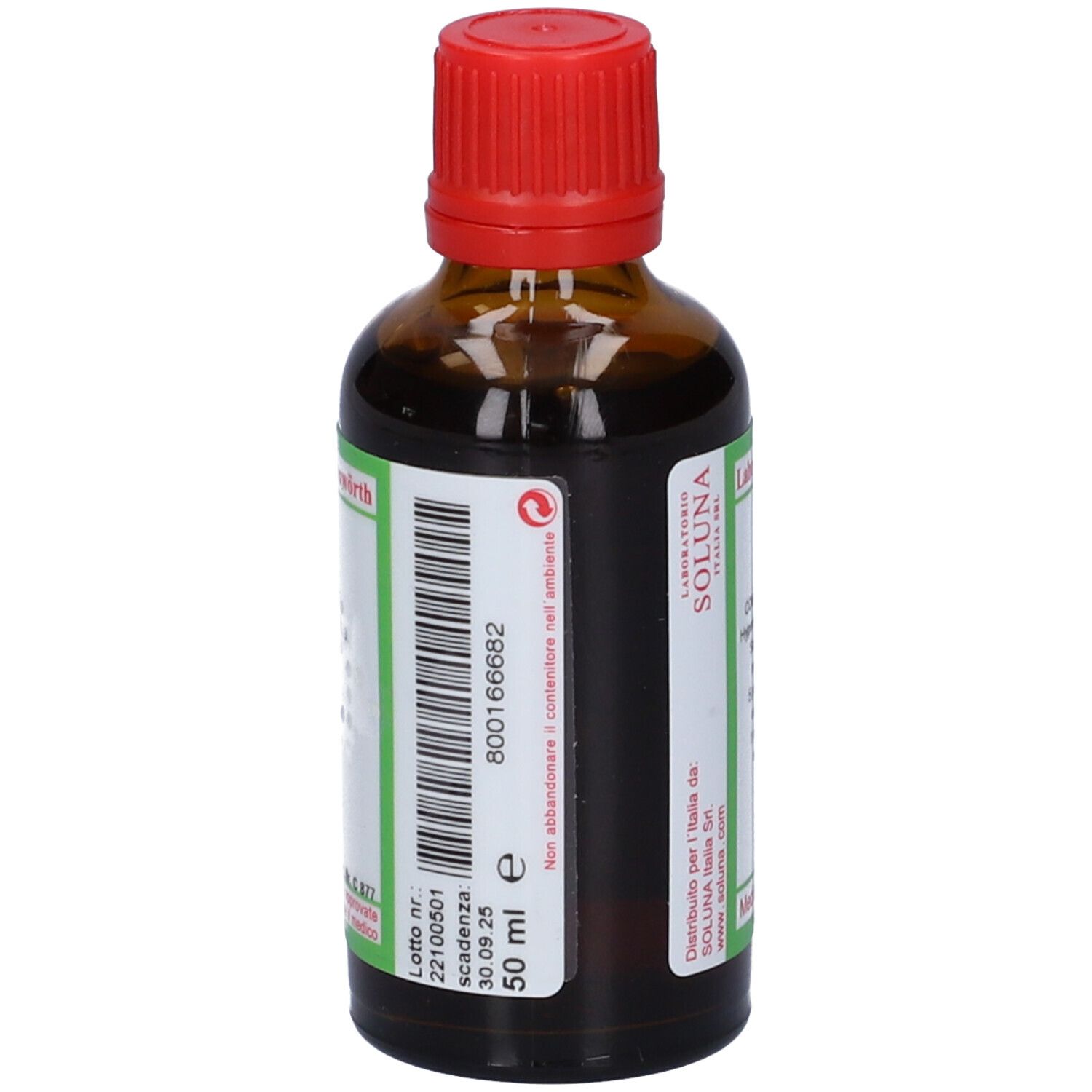 Flacone di vetro marrone con tappo rosso. Scritta: SOLUNAT Nr. 5. Etichetta verde con testo. 50 ml.