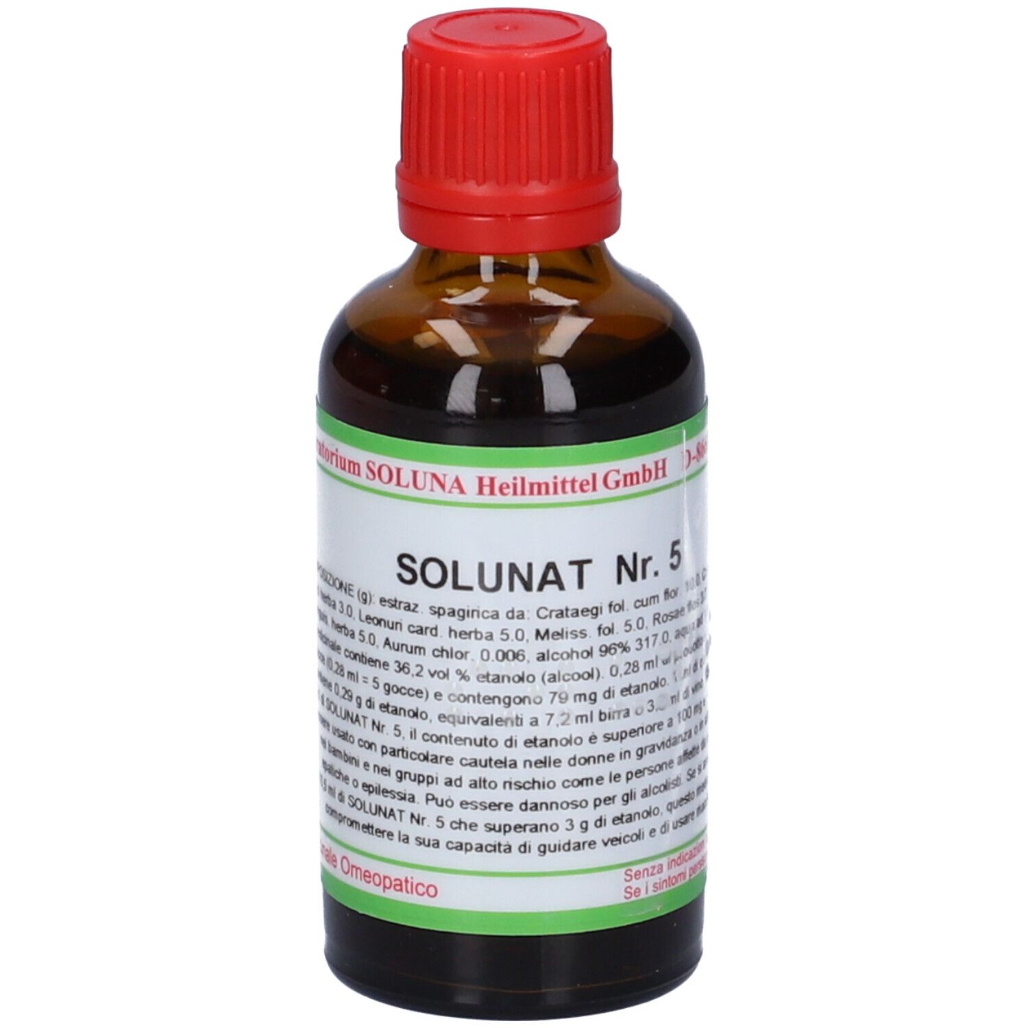 Flacone di vetro marrone con tappo rosso. Scritta: SOLUNAT Nr. 5. Etichetta verde con testo.