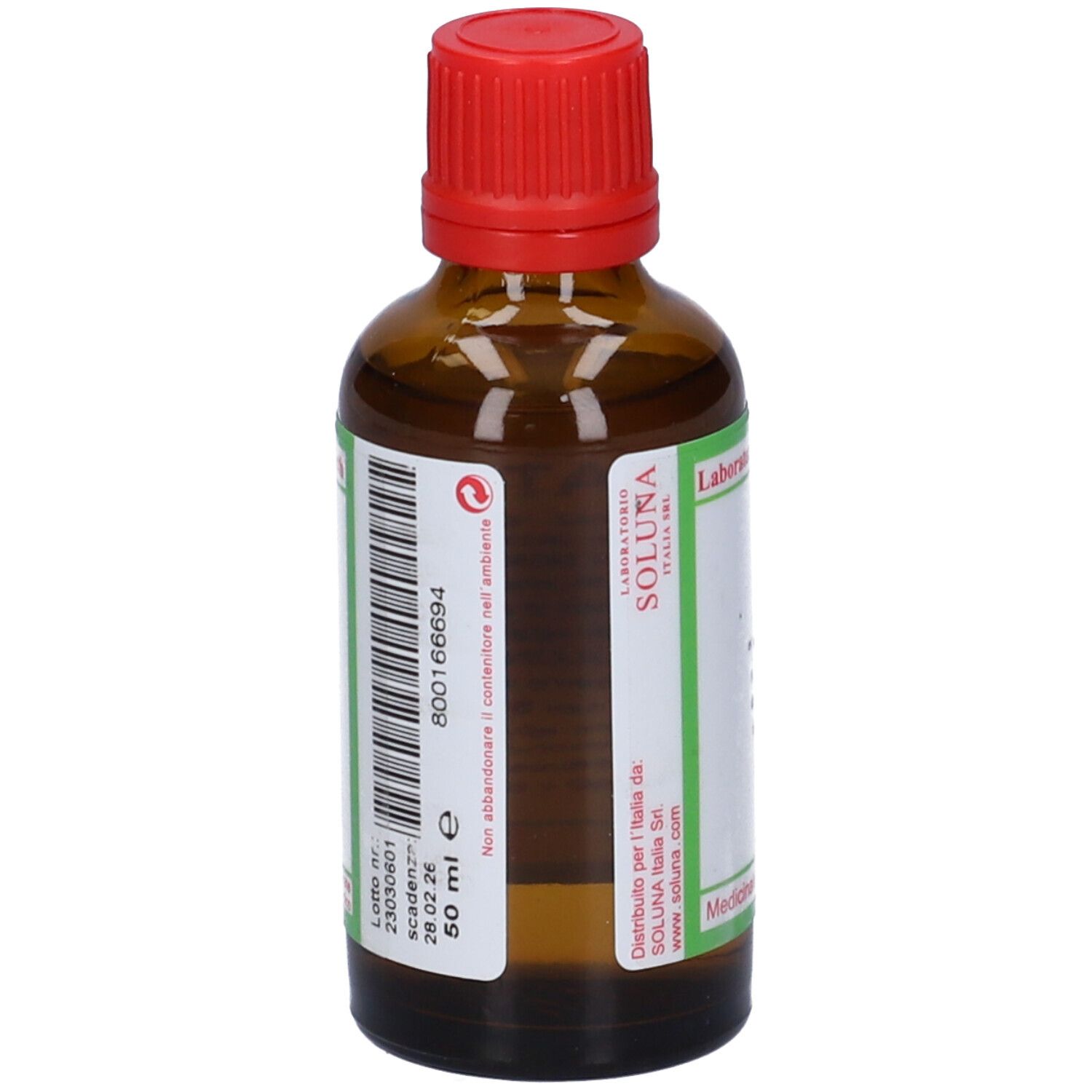 Flacone di vetro marrone con tappo rosso. Etichetta con SOLUNAT Nr. 6 e informazioni. Etichetta verde e bianca.