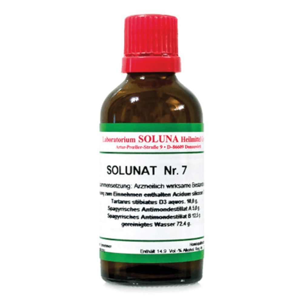 Flacone di vetro marrone con tappo rosso. Scritta: SOLUNAT Nr. 7. Etichetta verde con informazioni sul prodotto.