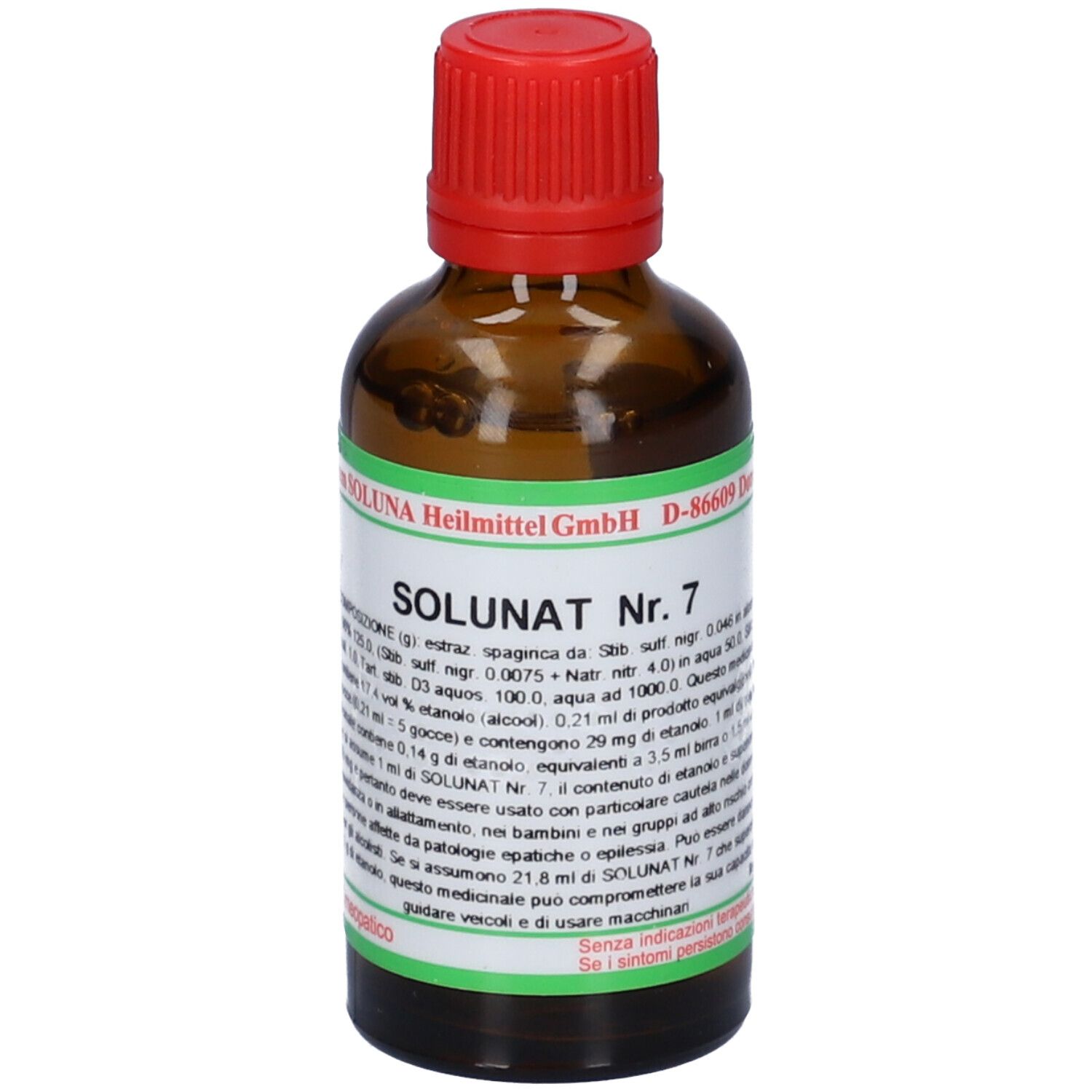 Flacone di vetro marrone con tappo rosso. Scritta: SOLUNAT Nr. 7. Etichetta verde con informazioni sul prodotto.
