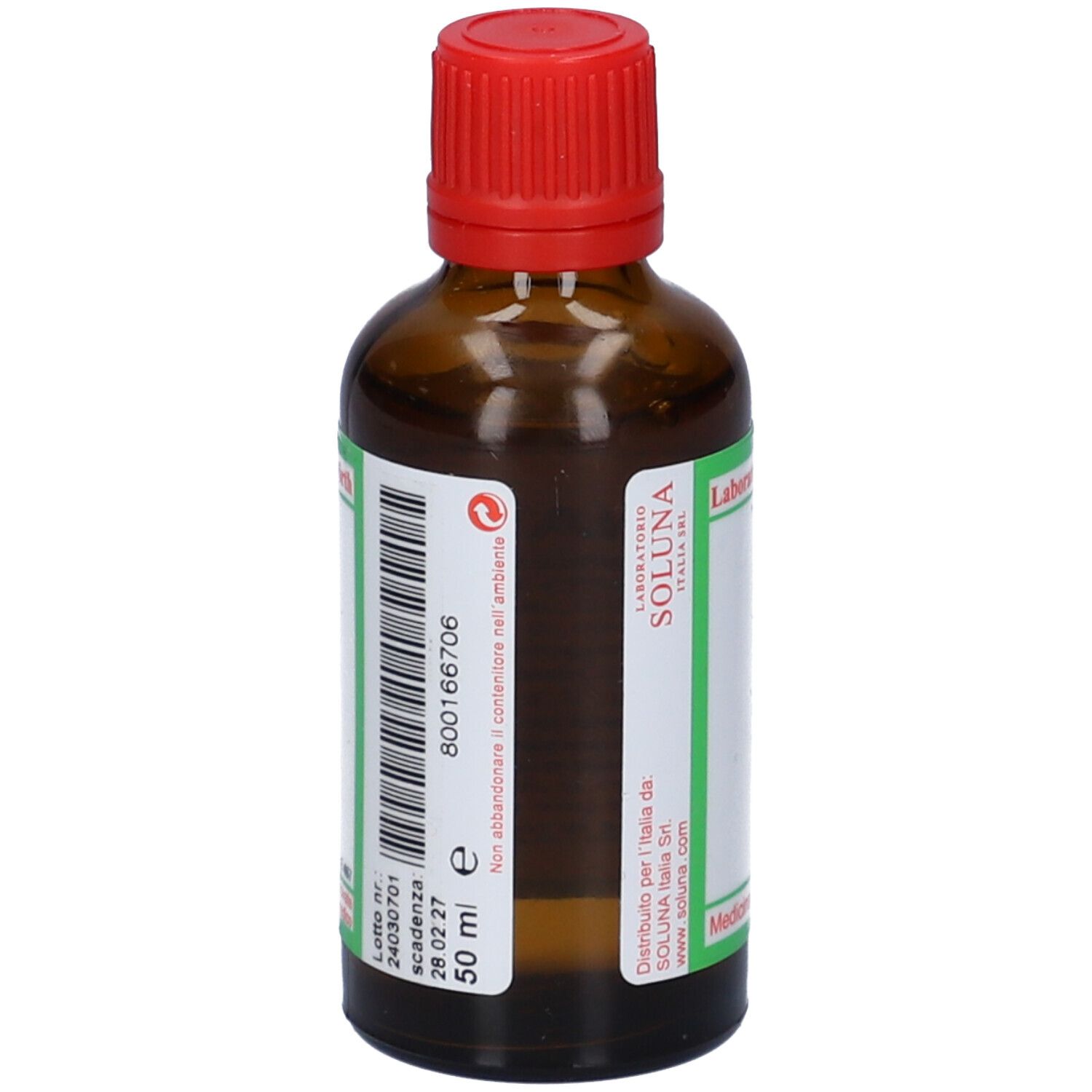 Flacone di vetro marrone con tappo rosso. Scritta: SOLUNAT Nr. 7. Etichetta verde con informazioni sul prodotto.