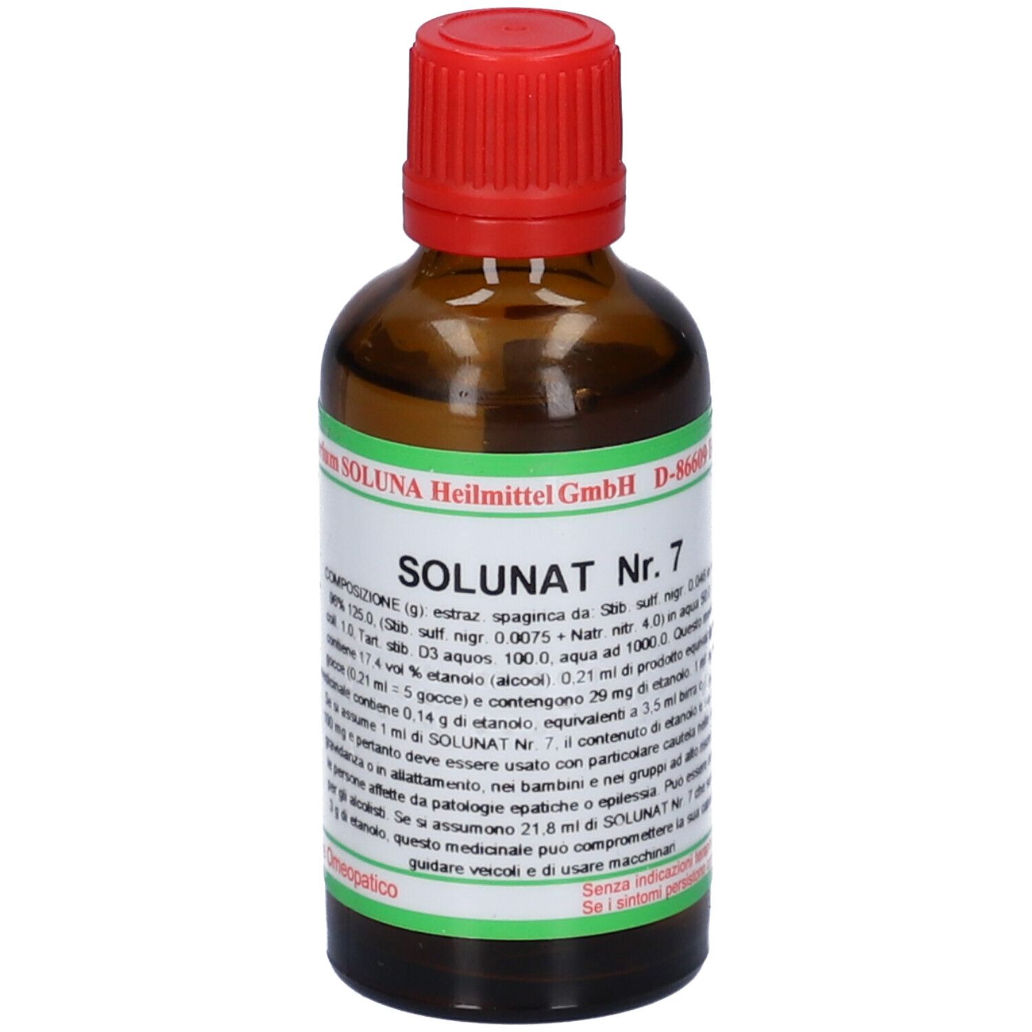Flacone di vetro marrone con tappo rosso. Scritta: SOLUNAT Nr. 7. Etichetta verde con informazioni sul prodotto.