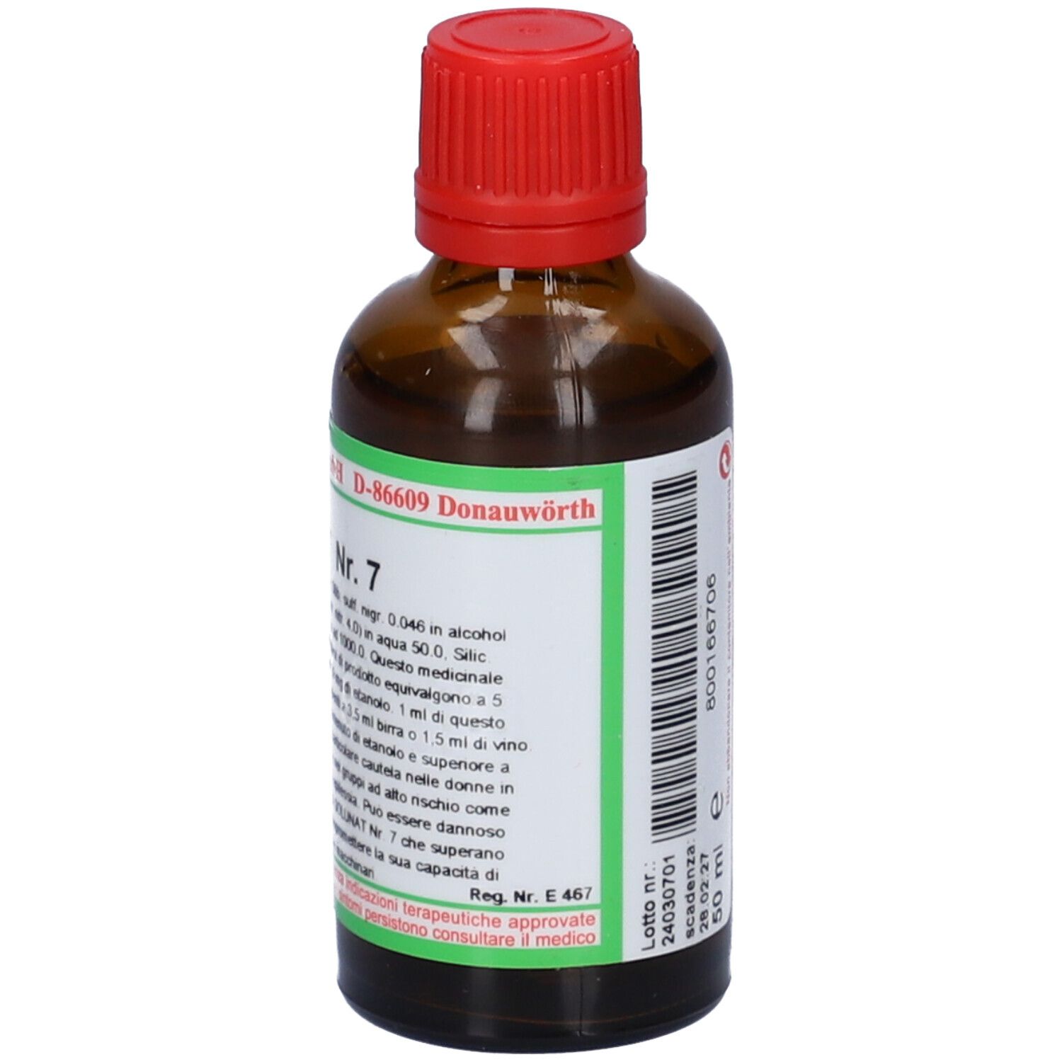 Flacone di vetro marrone con tappo rosso. Scritta: SOLUNAT Nr. 7. Etichetta verde con informazioni sul prodotto.