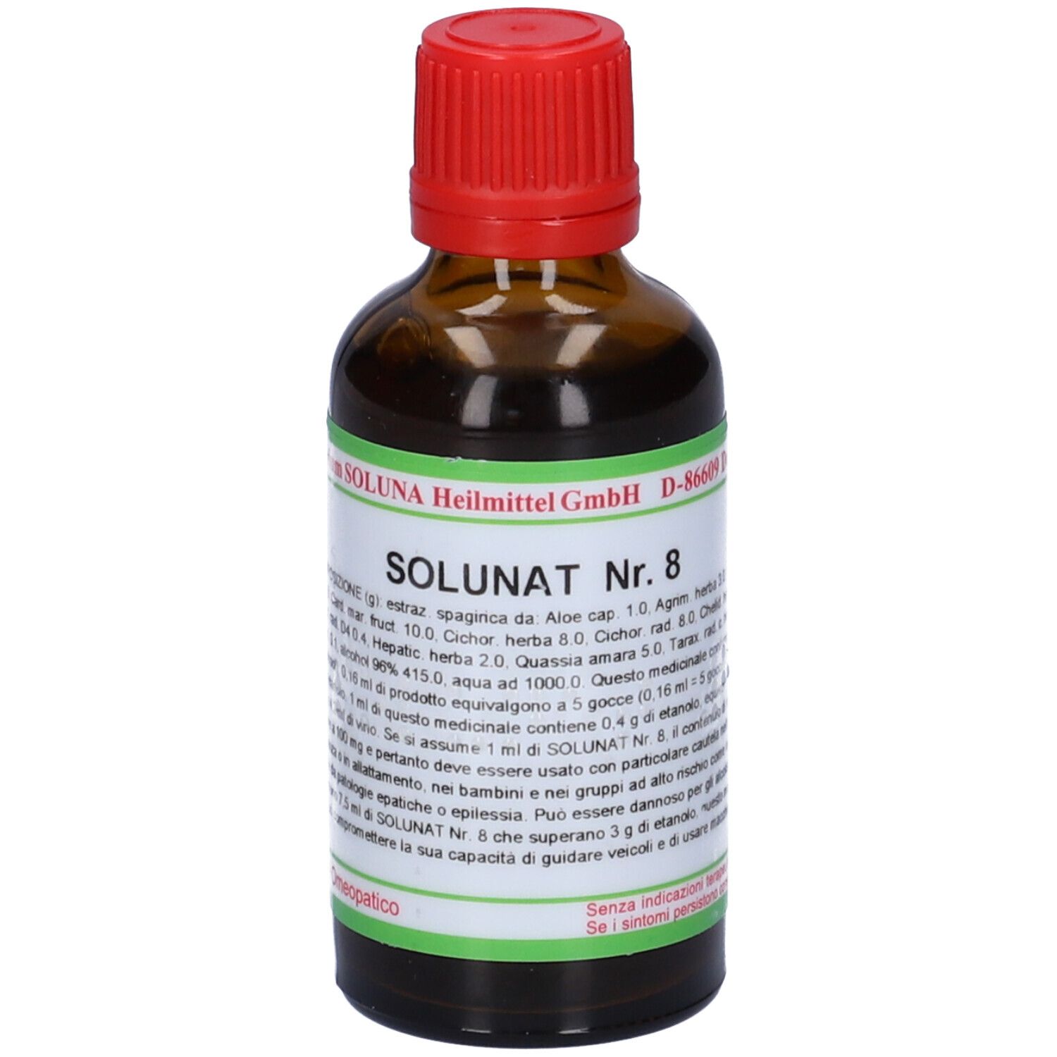 Flacone di vetro marrone con tappo rosso. Etichetta con elementi verdi e bianchi. Scritta: SOLUNAT Nr. 8. Produttore: SOLUNA Heilmittel GmbH.