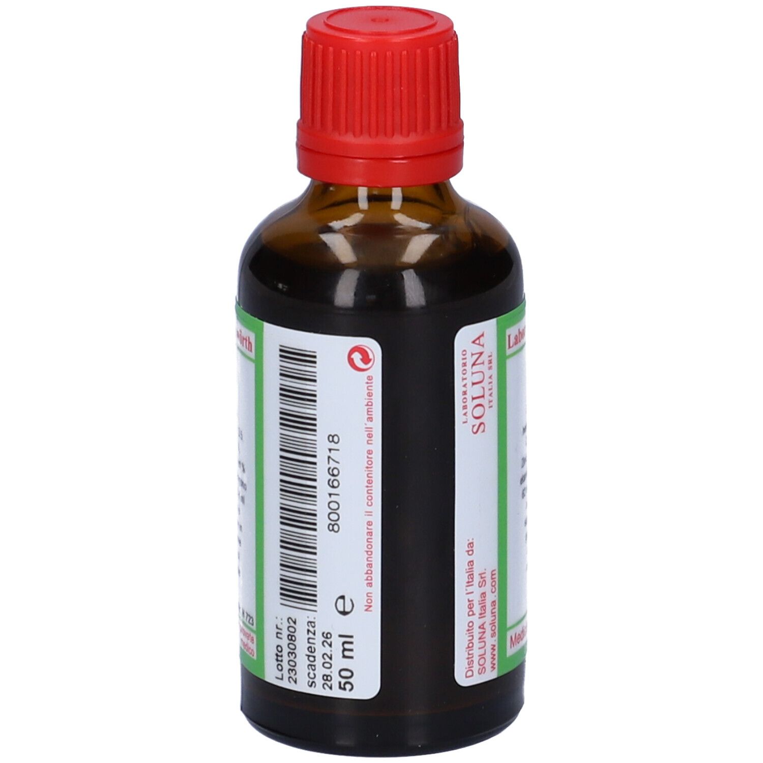Flacone di vetro marrone con tappo rosso. Etichetta con elementi verdi e bianchi. Scritta: SOLUNAT Nr. 8. Produttore: SOLUNA Heilmittel GmbH.