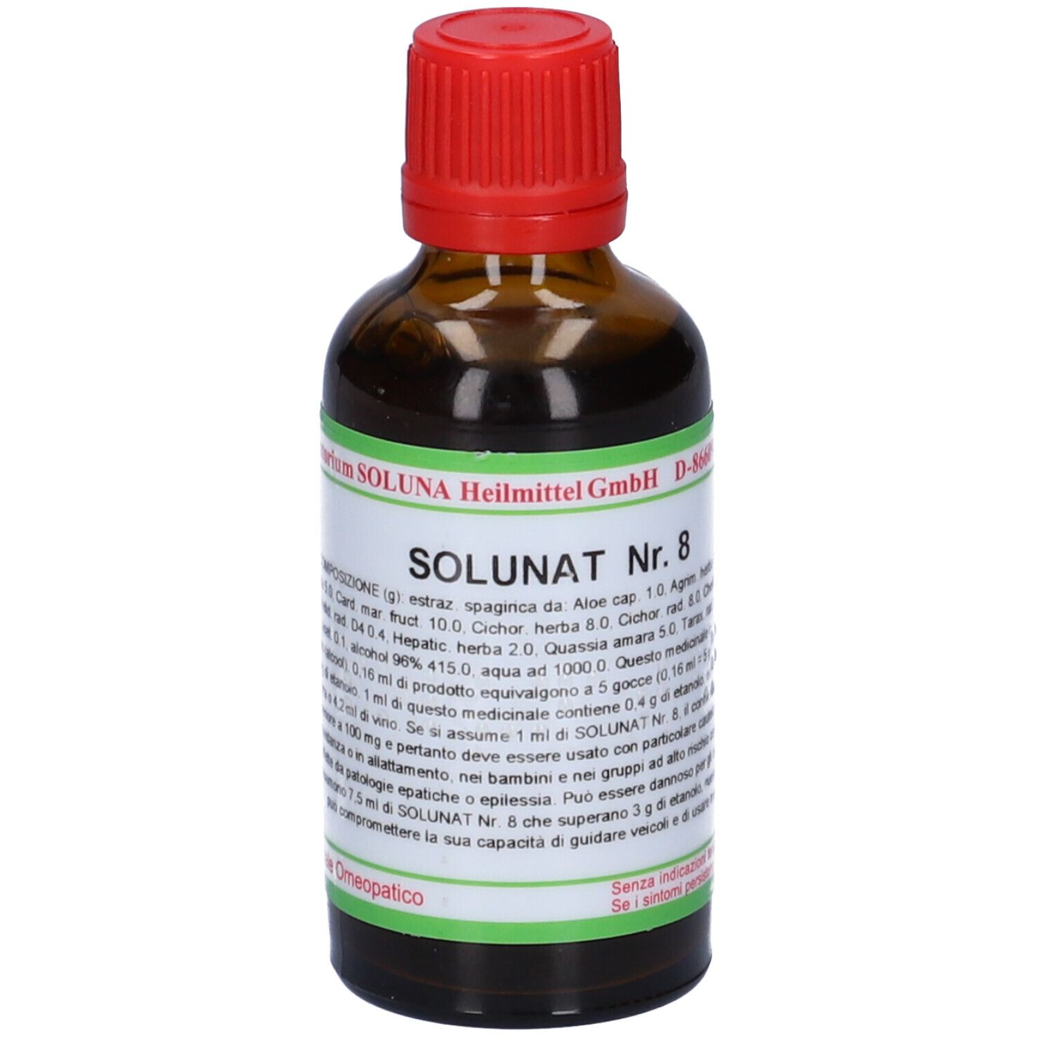 Flacone di vetro marrone con tappo rosso. Etichetta con elementi verdi e bianchi. Scritta: SOLUNAT Nr. 8. Produttore: SOLUNA Heilmittel GmbH.