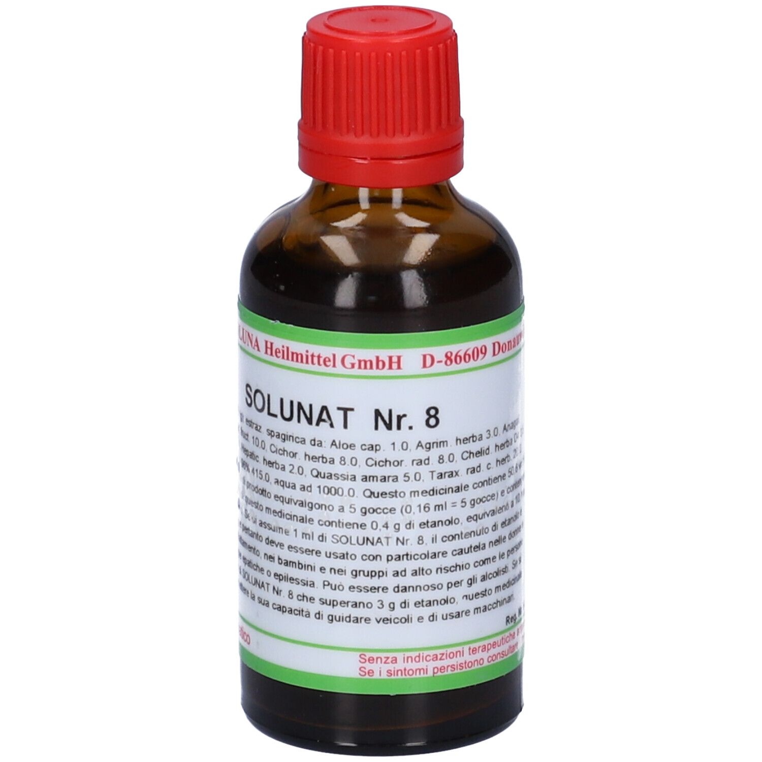 Flacone di vetro marrone con tappo rosso. Etichetta con elementi verdi e bianchi. Scritta: SOLUNAT Nr. 8. Produttore: SOLUNA Heilmittel GmbH.