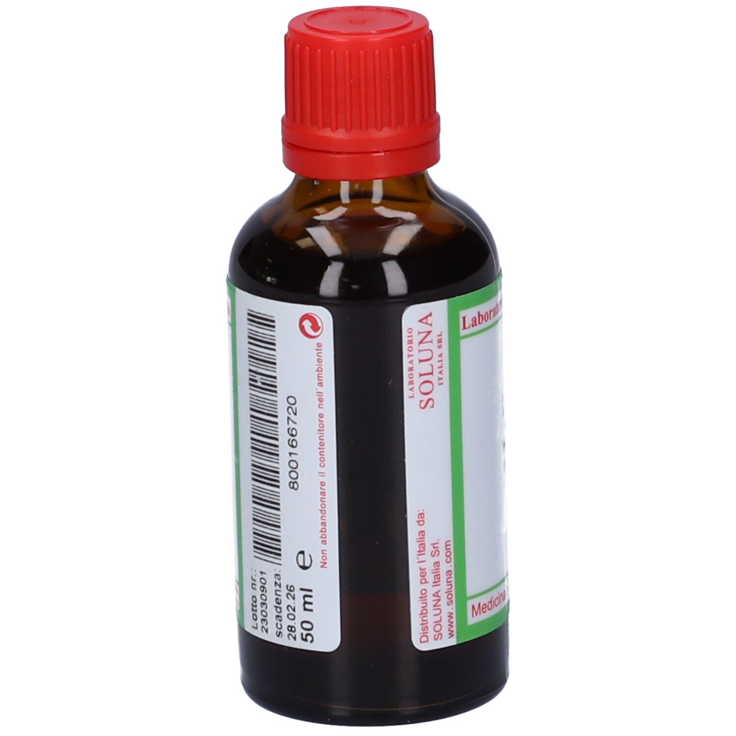 Flacone di vetro marrone con tappo rosso. Etichetta con informazioni sul prodotto e SOLUNAT Nr. 9. Etichetta verde e bianca.