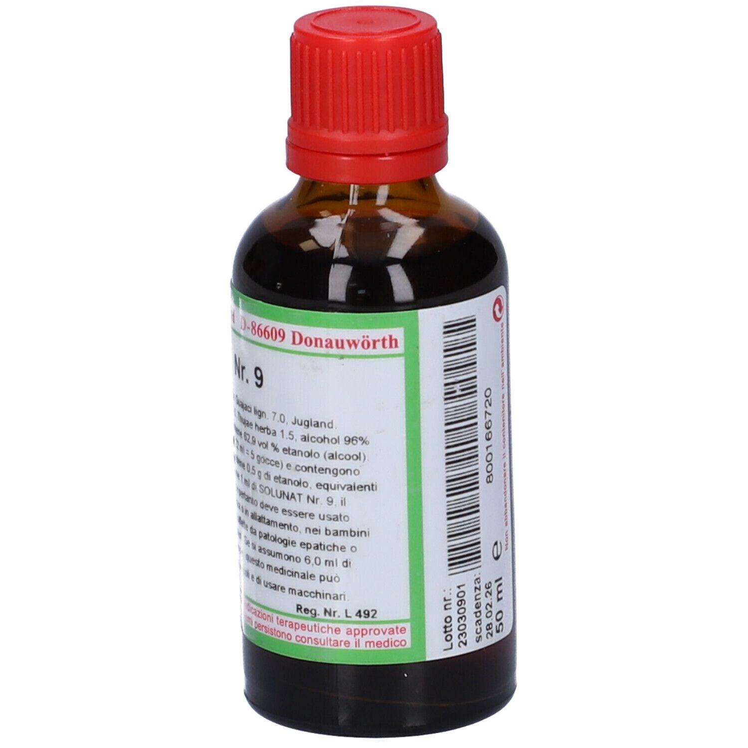 Flacone di vetro marrone con tappo rosso. Etichetta con informazioni sul prodotto e SOLUNAT Nr. 9. Etichetta verde e bianca.