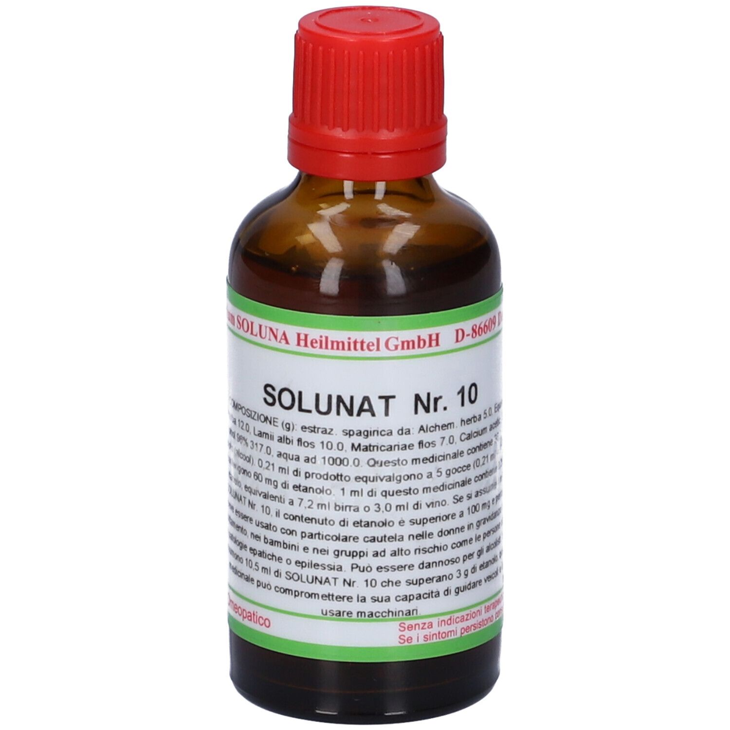 Flacone di vetro marrone con tappo rosso. Scritta: SOLUNAT Nr. 10. Etichette con testo. Produttore: SOLUNA Heilmittel GmbH.