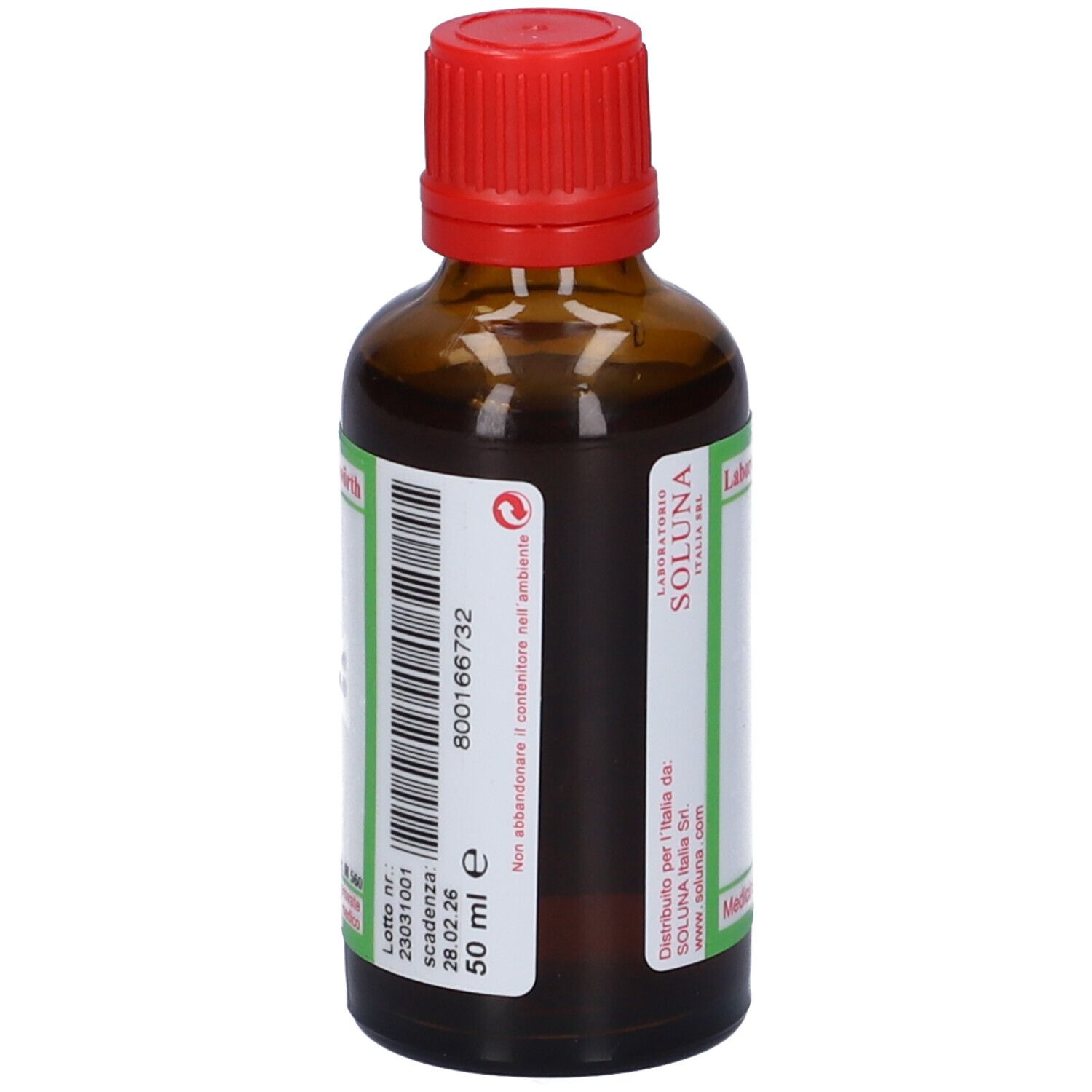 Flacone di vetro marrone con tappo rosso. Scritta: SOLUNAT Nr. 10. Etichetta con testo. 50 ml. Produttore: SOLUNA.