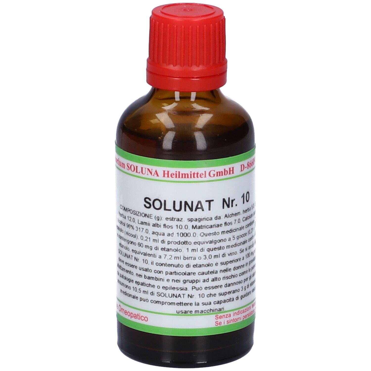 Flacone di vetro marrone con tappo rosso. Scritta: SOLUNAT Nr. 10. Etichette con testo. Produttore: SOLUNA Heilmittel GmbH.