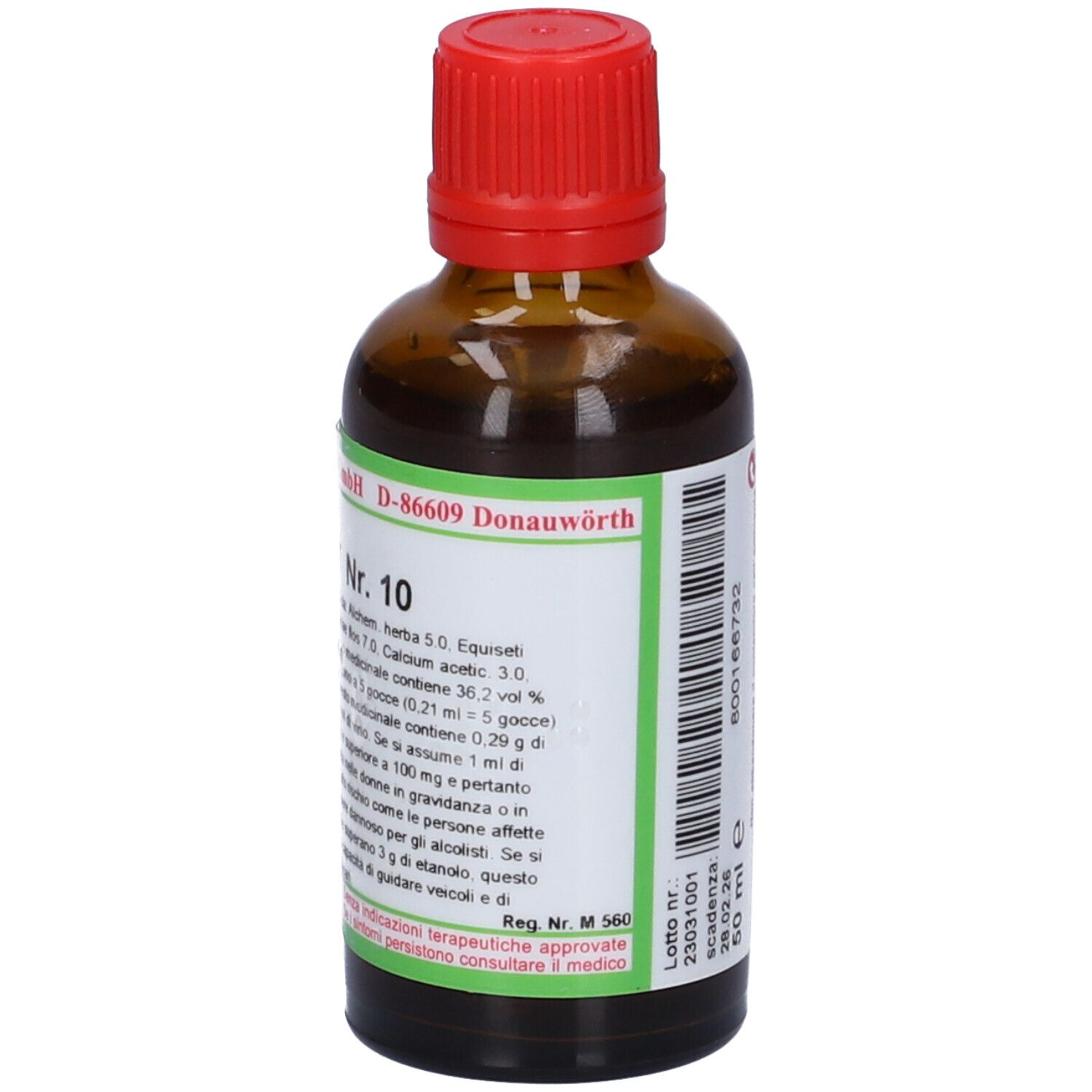 Flacone di vetro marrone con tappo rosso. Scritta: SOLUNAT Nr. 10. Etichette con testo. 50 ml. Produttore: SOLUNA.