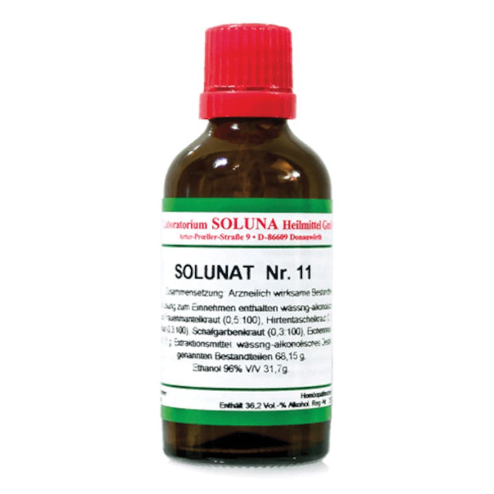 Flacone di vetro marrone con tappo rosso. Scritta: SOLUNAT Nr. 11. Etichetta verde con testo. Flacone farmaceutico.