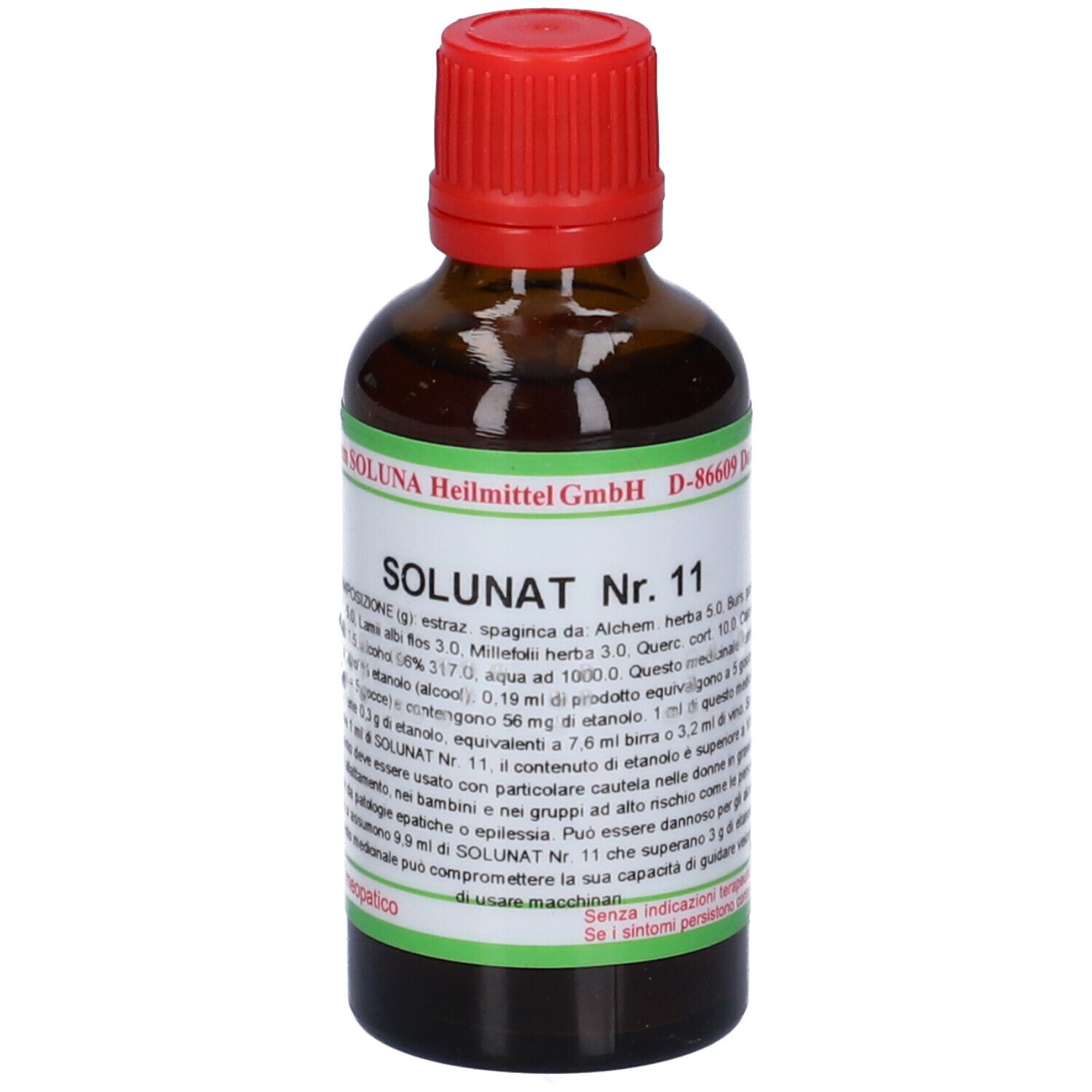Flacone di vetro marrone con tappo rosso. Scritta: SOLUNAT Nr. 11. Etichetta verde con testo. Flacone farmaceutico.