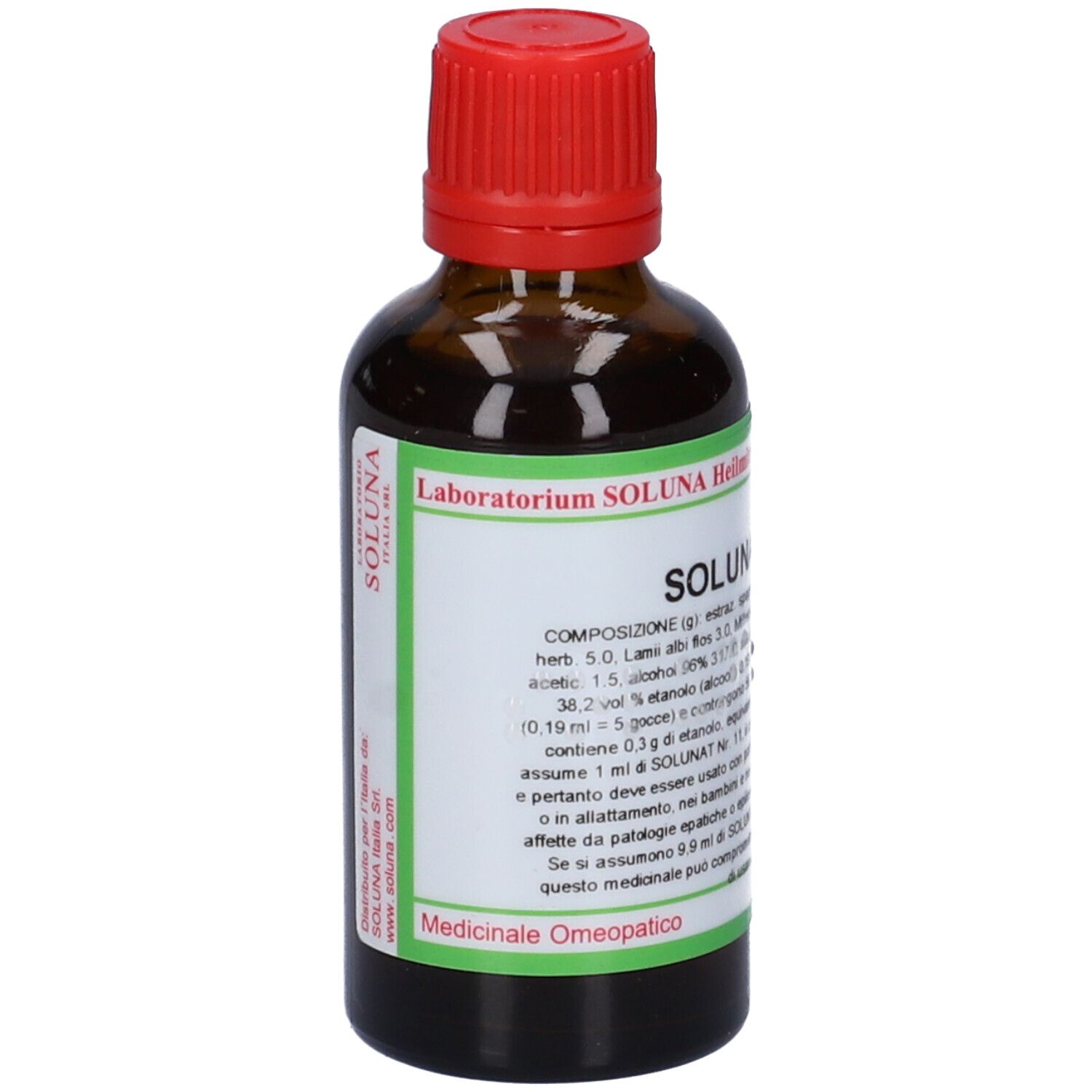 Flacone di vetro marrone con tappo rosso. Scritta: SOLUNAT Nr. 11. Etichetta verde con testo. Flacone farmaceutico.