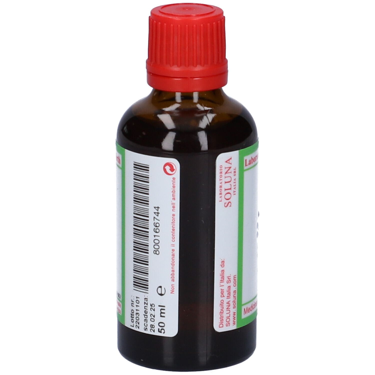 Flacone di vetro marrone con tappo rosso. Scritta: SOLUNAT Nr. 11. Etichetta verde con testo. Flacone farmaceutico.