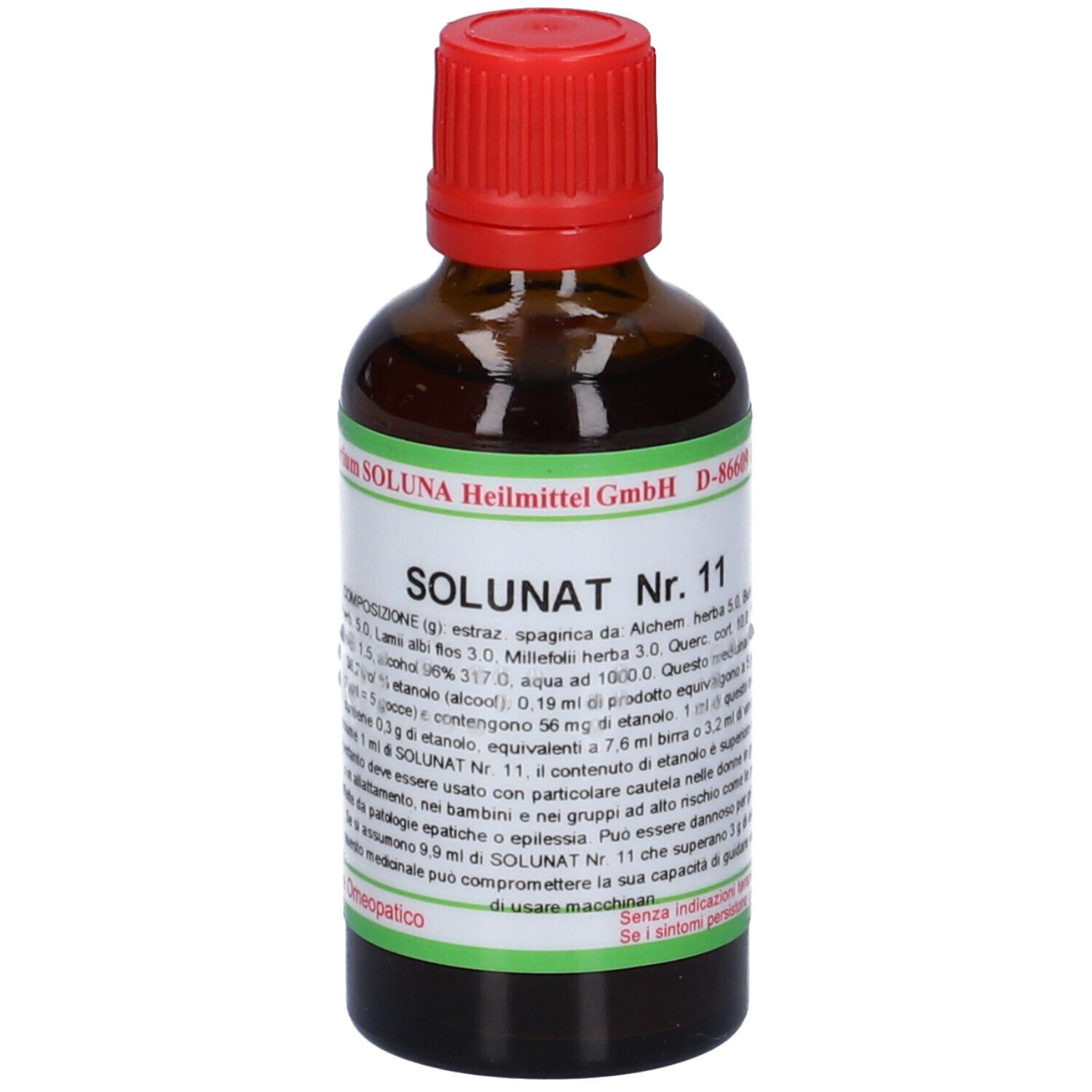 Flacone di vetro marrone con tappo rosso. Scritta: SOLUNAT Nr. 11. Etichetta verde con testo. Flacone farmaceutico.