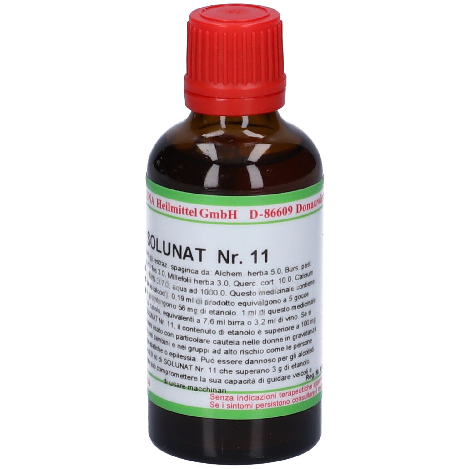 Flacone di vetro marrone con tappo rosso. Scritta: SOLUNAT Nr. 11. Etichetta verde con testo. Flacone farmaceutico.