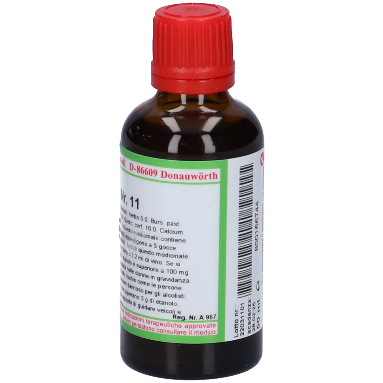 Flacone di vetro marrone con tappo rosso. Scritta: SOLUNAT Nr. 11. Etichetta verde con testo. Flacone farmaceutico.