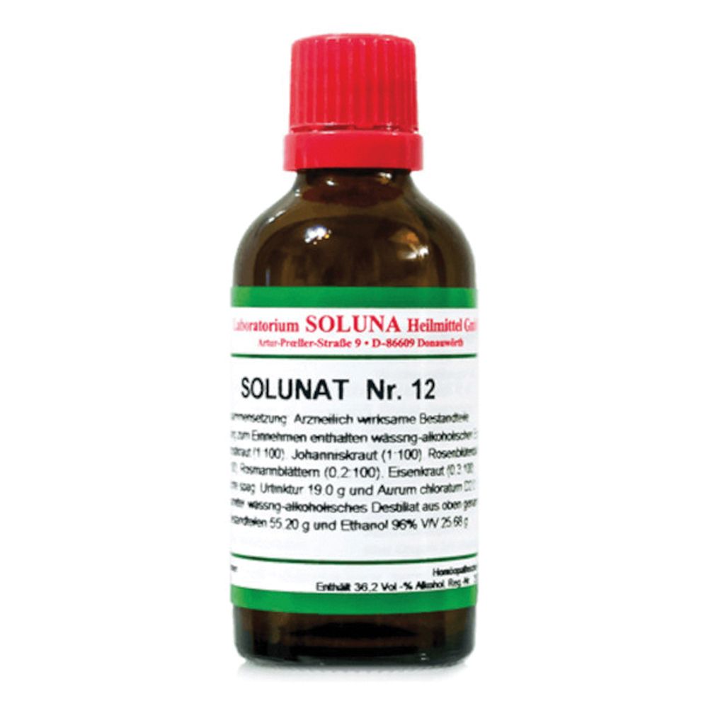 Flacone di vetro marrone con tappo rosso. Scritta: Solunat Nr. 12. Etichetta verde con informazioni sul prodotto.