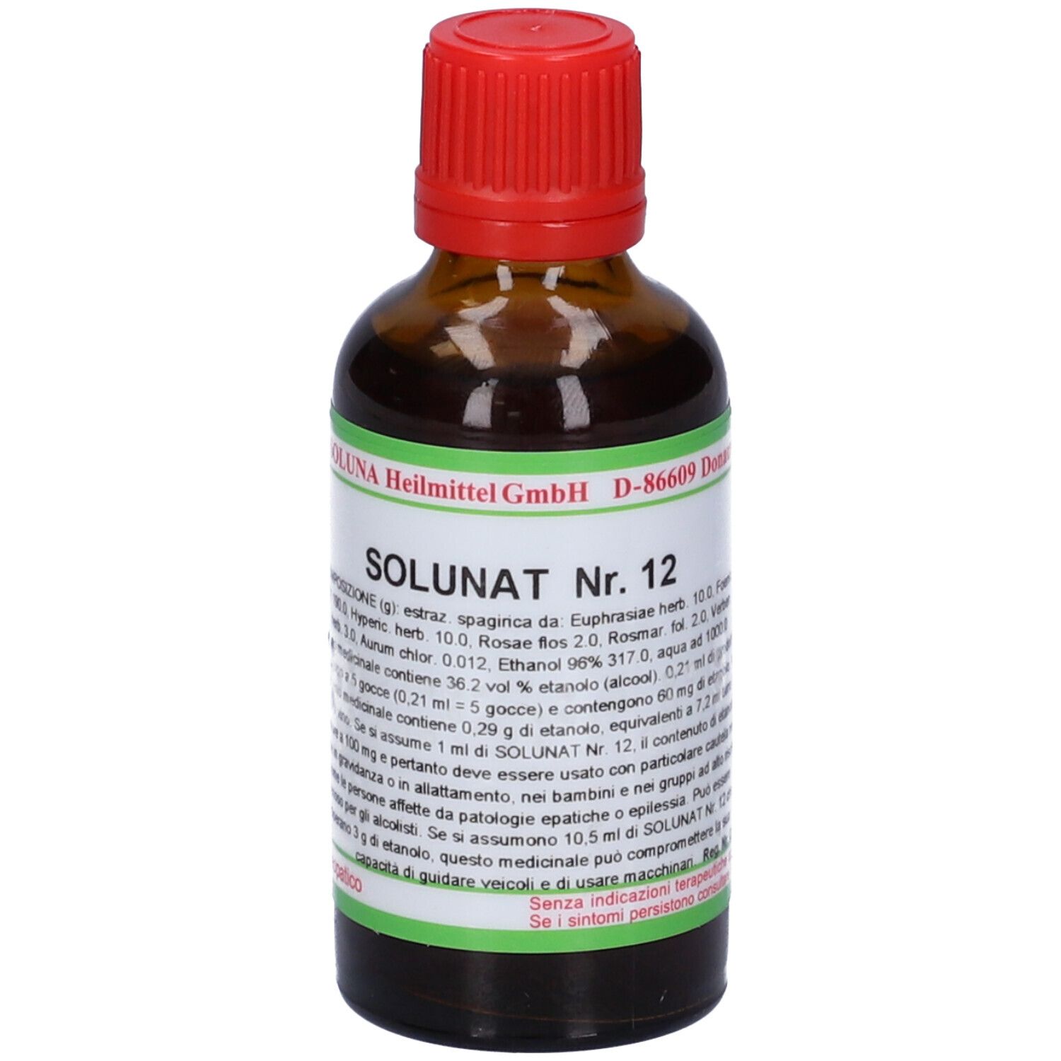 Flacone di vetro marrone con tappo rosso. Scritta: Solunat Nr. 12. Etichetta verde con informazioni sul prodotto.