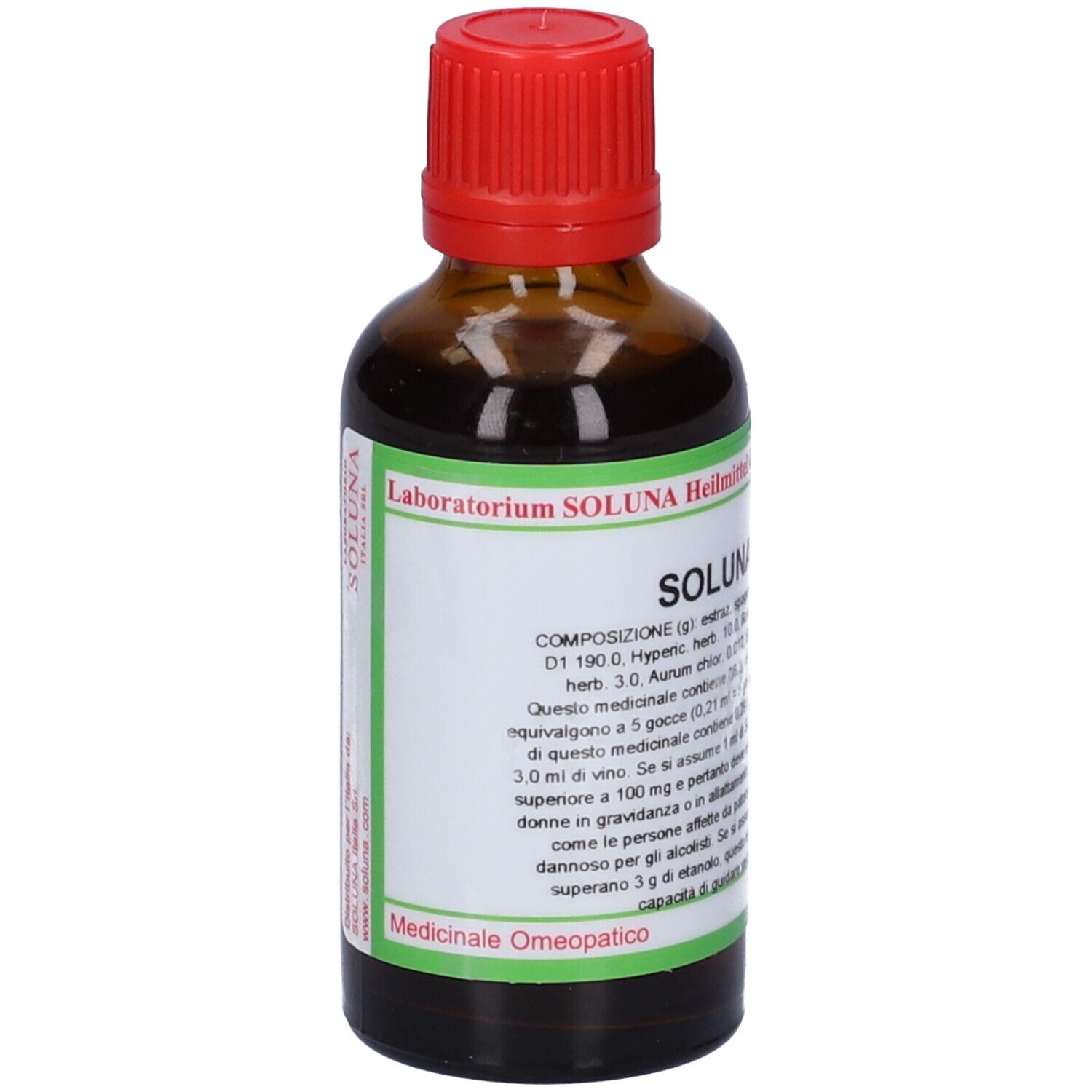 Flacone di vetro marrone con tappo rosso. Scritta: Solunat Nr. 12. Etichetta verde con informazioni sul prodotto.