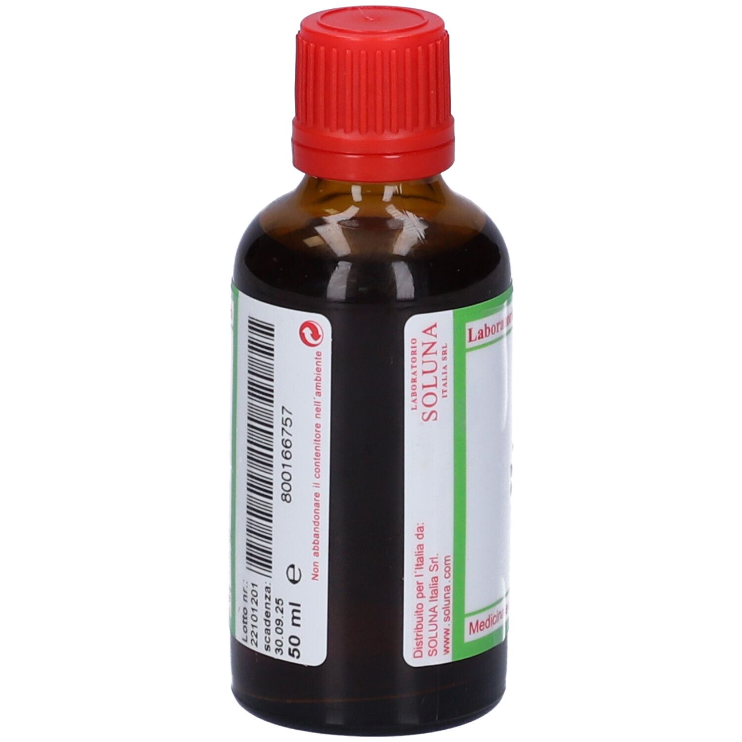 Flacone di vetro marrone con tappo rosso. Scritta: Solunat Nr. 12. Etichetta verde con informazioni. 50 ml.