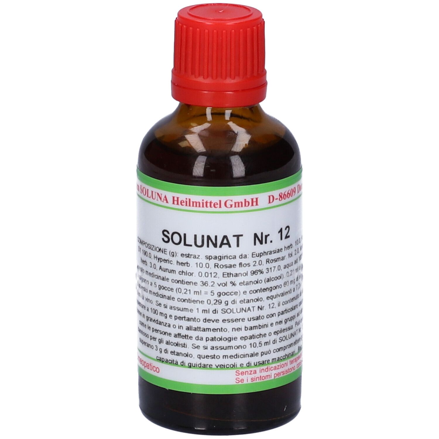 Flacone di vetro marrone con tappo rosso. Scritta: Solunat Nr. 12. Etichetta verde con informazioni sul prodotto.