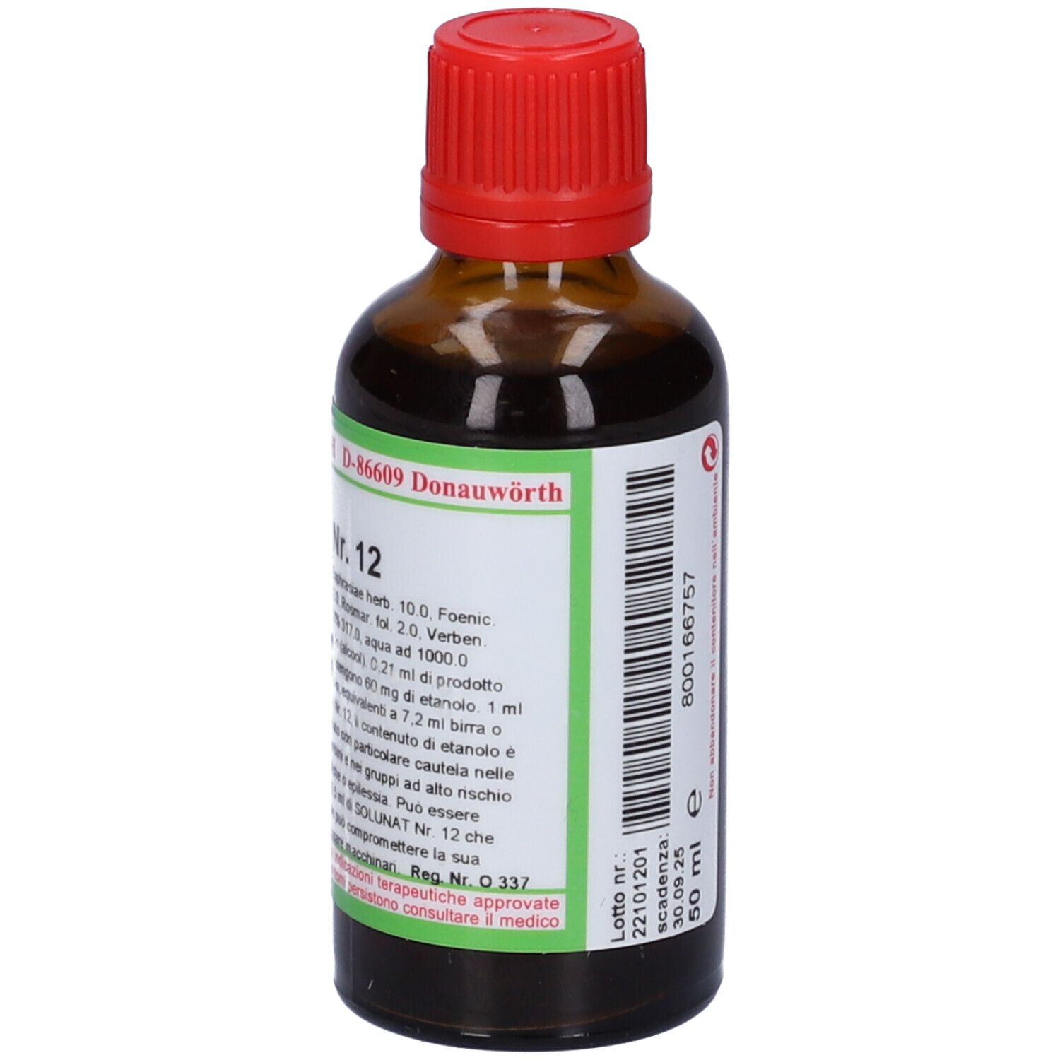 Flacone di vetro marrone con tappo rosso. Scritta: Solunat Nr. 12. Etichetta verde con informazioni. 50 ml.
