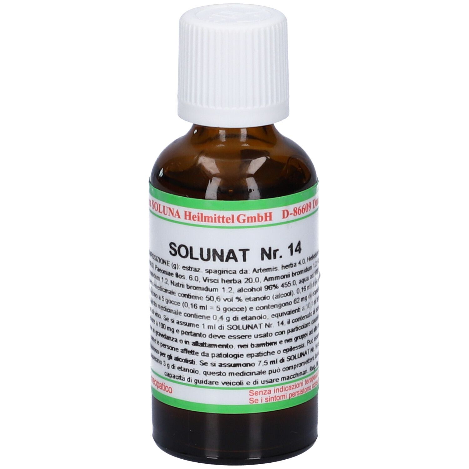 Flacone di vetro marrone con tappo bianco. Scritta: SOLUNAT Nr. 14. Etichetta verde e bianca con informazioni.