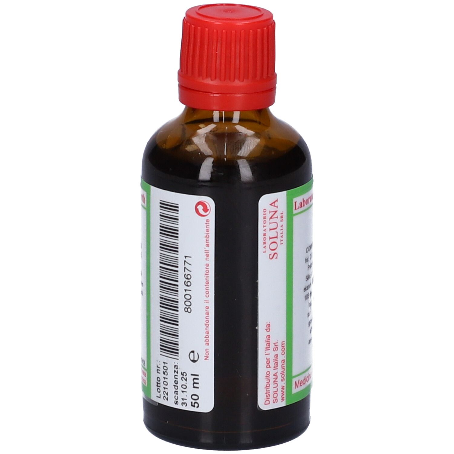 Flacone di vetro marrone con tappo rosso. Etichetta con informazioni, 50 ml e il nome SOLUNAT Nr. 15.