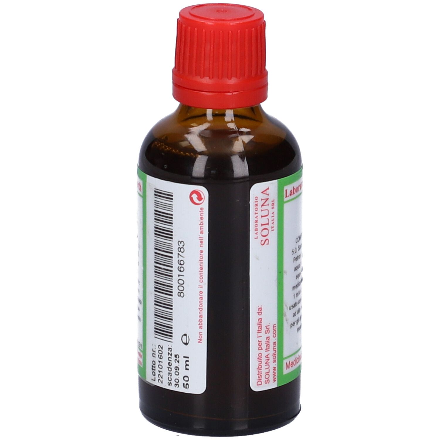 Flacone di vetro marrone con tappo rosso. Etichetta con nome del prodotto e ingredienti. 50 ml.